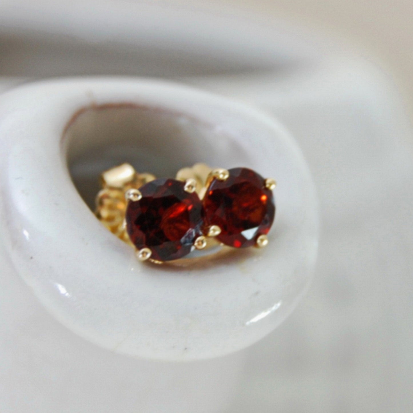 Nakhti - Garnet Stud Earrings Feature Richly Colored Garnet Gemstones Set in Solid 14kt Yellow Gold, FREE SHIP US