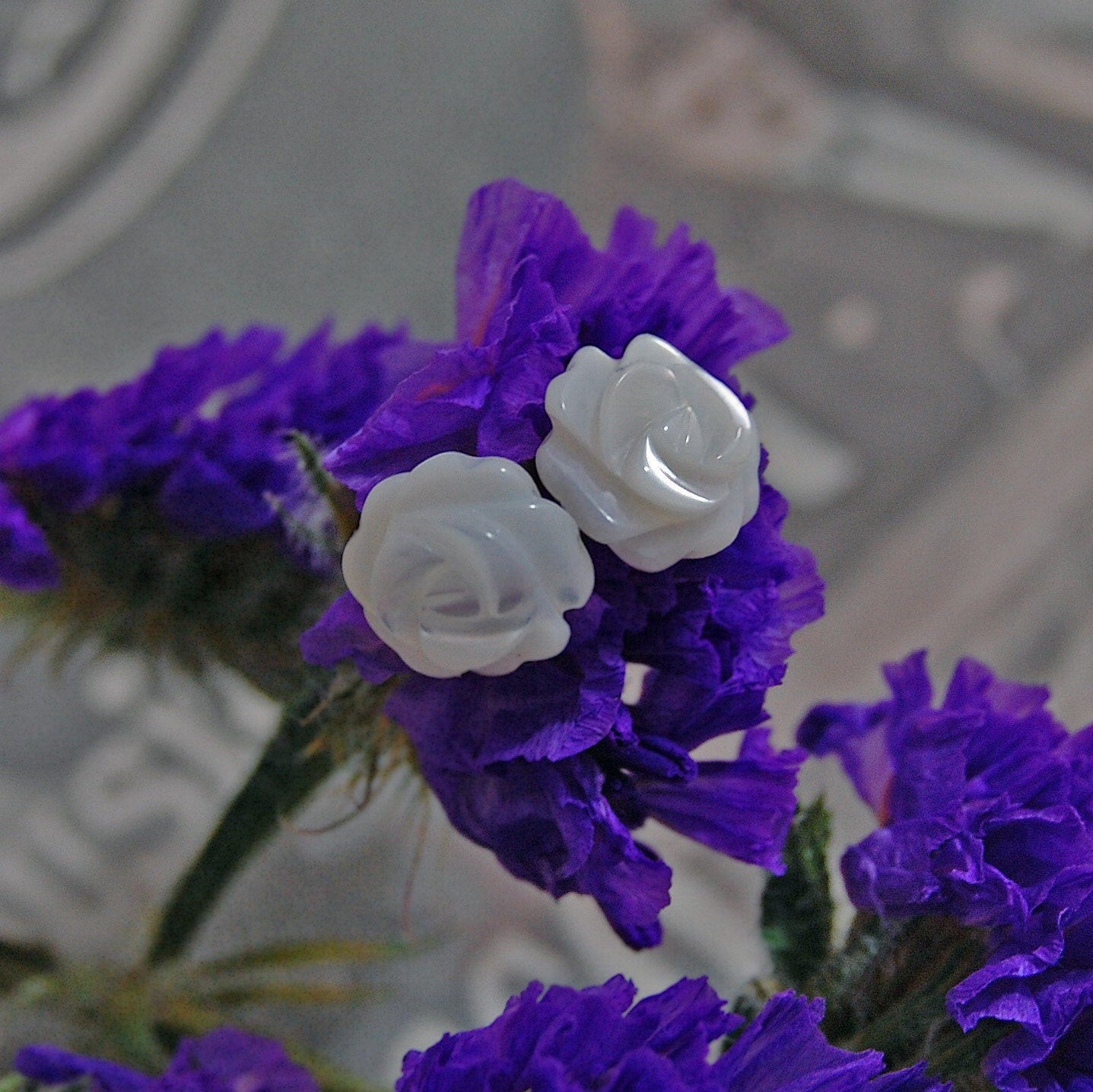 Marie - Mother of Pearl Rose Stud Earrings Hand Carved Vintage 14k Gold