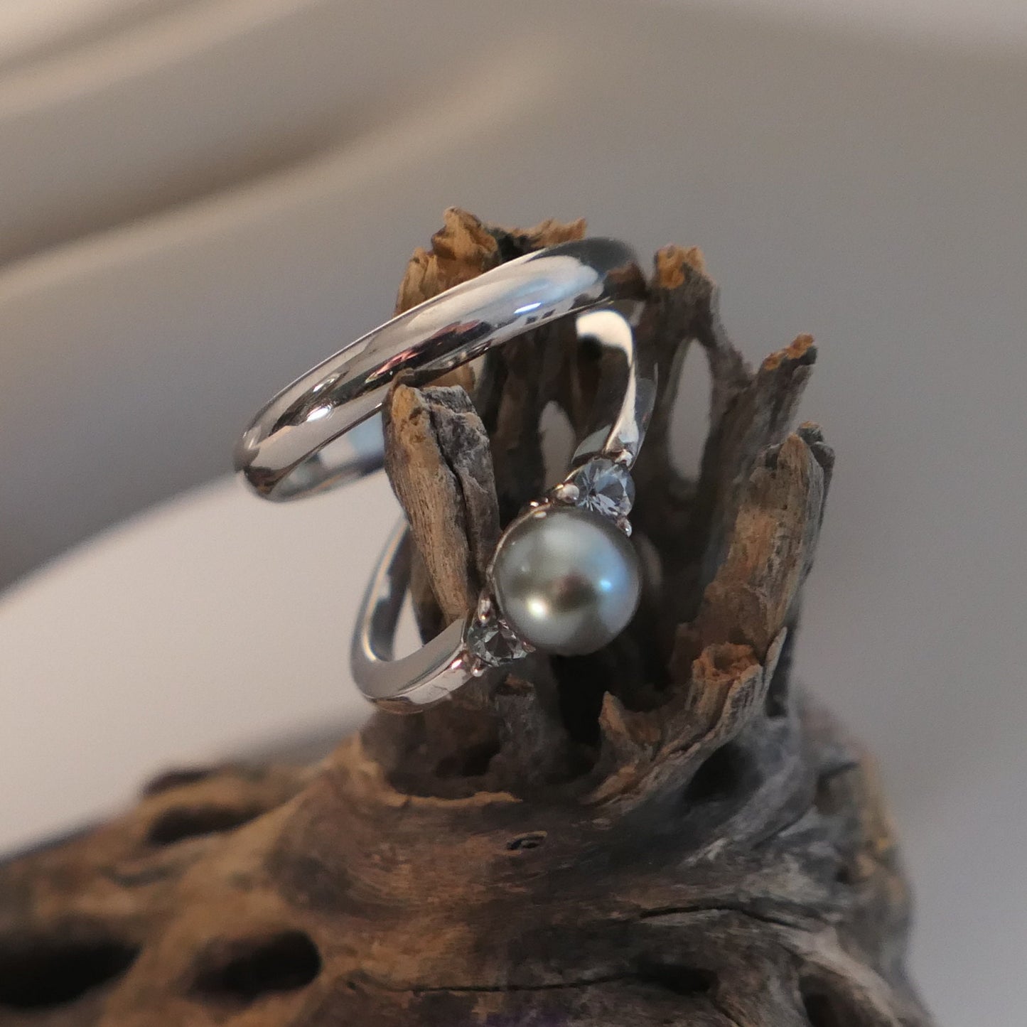 Miri - Akoya Pearl Engagement Ring, Aquamarine gemstones, Continuum® Sterling Silver, Free Ship US