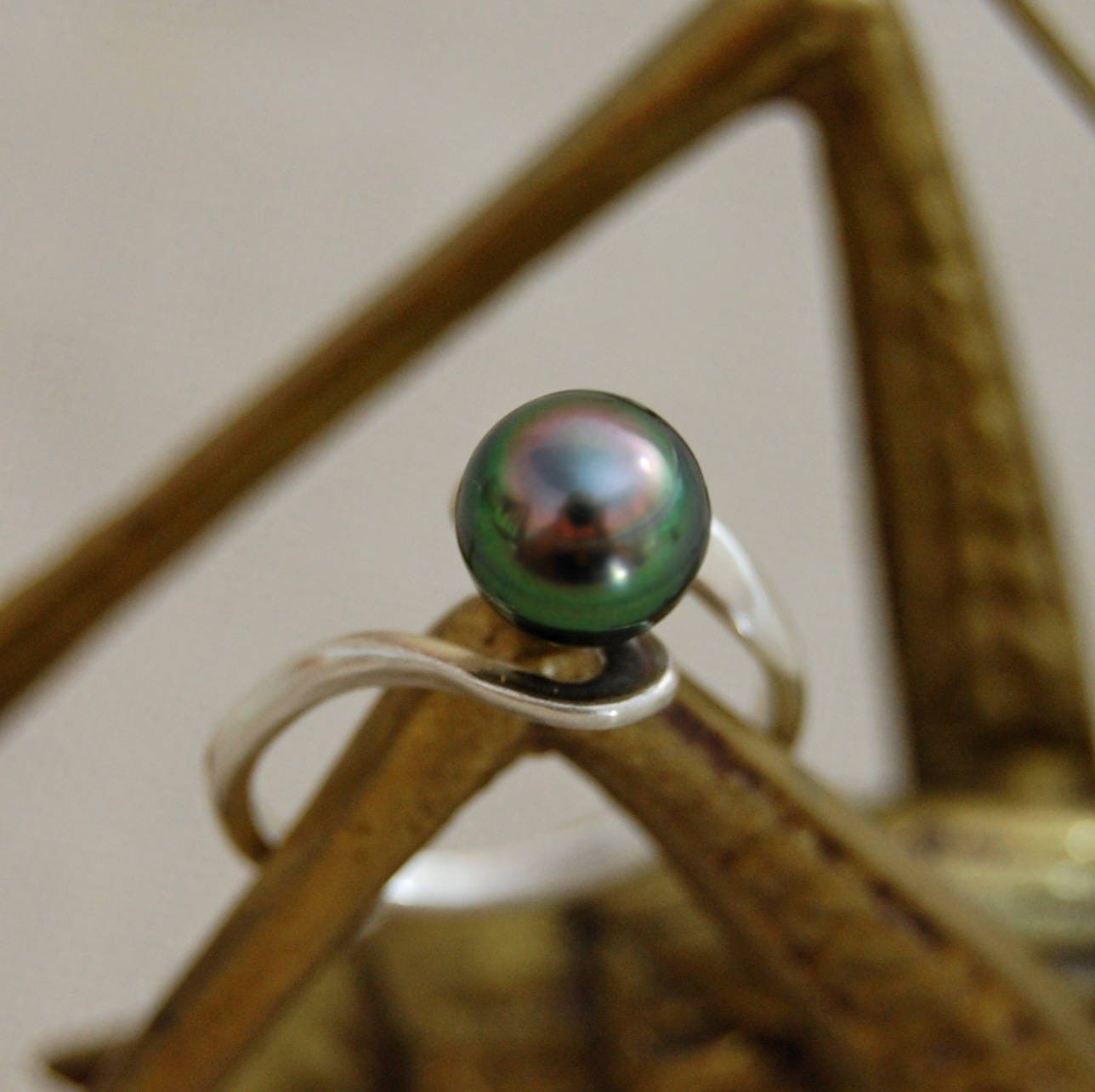 Delphine - Pearl Ring Features a Black Tahitian Pearl Set in Sterling Silver, FREE SHIP US