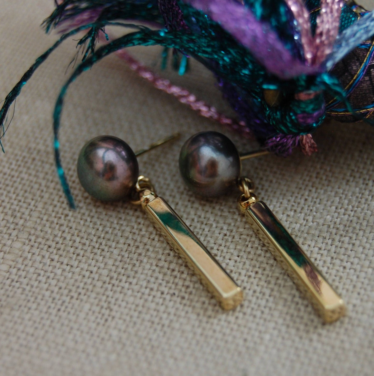 Azaria - Gold Bar Dangle Pearl Stud Earrings, Handmade, FREE SHIPPING US