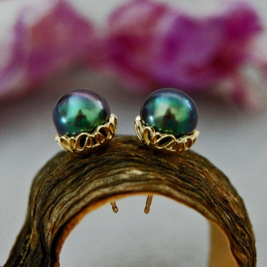 Victoria - Black Peacock Pearl Stud Earrings Set in Solid 14k Gold, FREE SHIPPING US