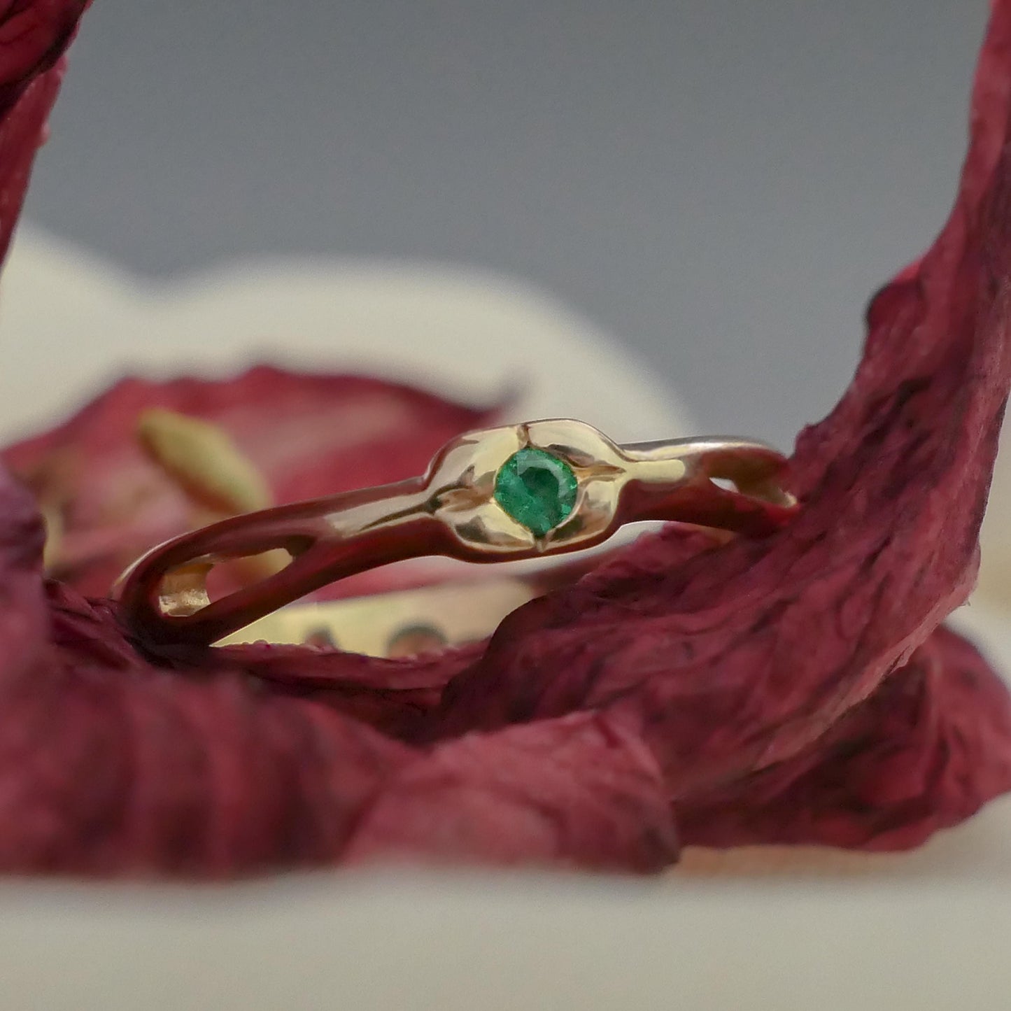 Aisha - Emerald solitaire ring set in solid 14kt yellow gold. Shop exclusive. Shipping free within the US.