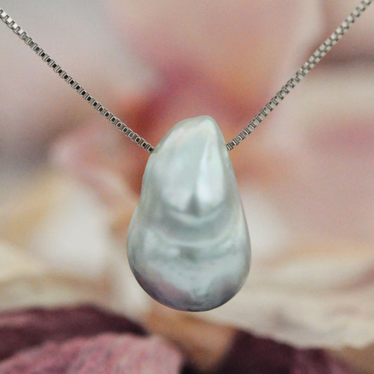 Tammy - Floating South Sea Pearl Pendant Necklace in Blue/Gray set on Solid Sterling Silver Rhodium Plated Chain for Ease of Care.
