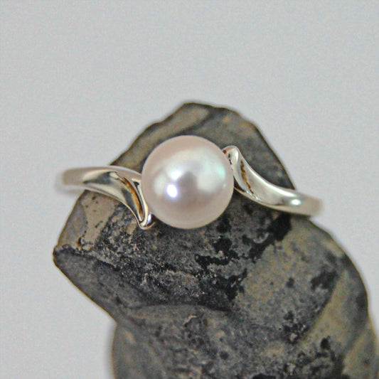 Devika CW - Akoya Pearl Engagement Ring, Promise or Wedding Ring in a Solid Continuum Silver, FREE SHIP