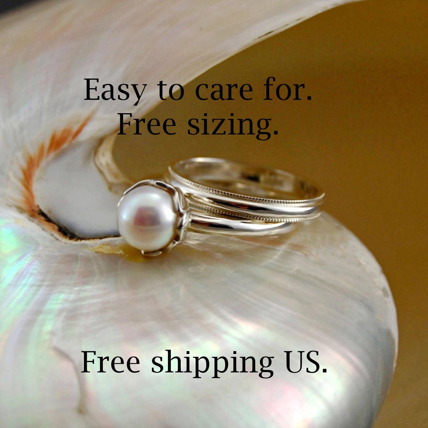 Emma - Pearl Wedding Ring Set in Solid Continuum® Sterling Silver. Free Shipping US.