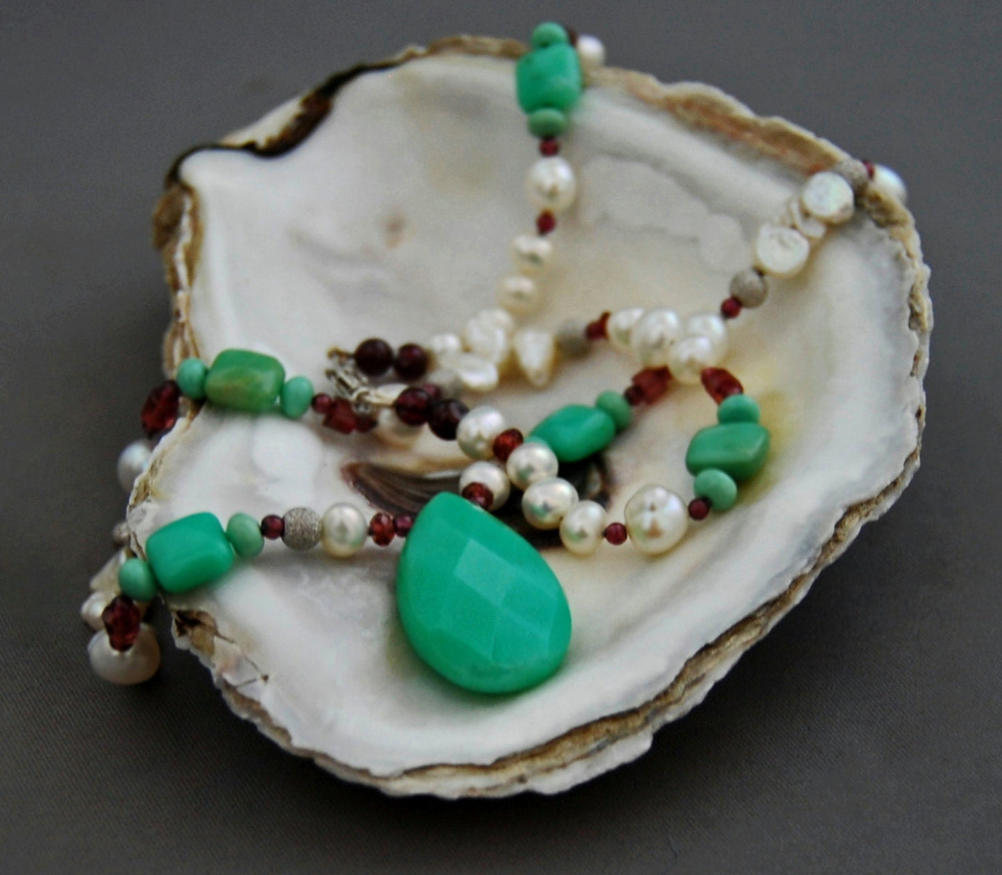 Midori - Gemstone / Pearl Statement Necklace Sterling Silver White Gold