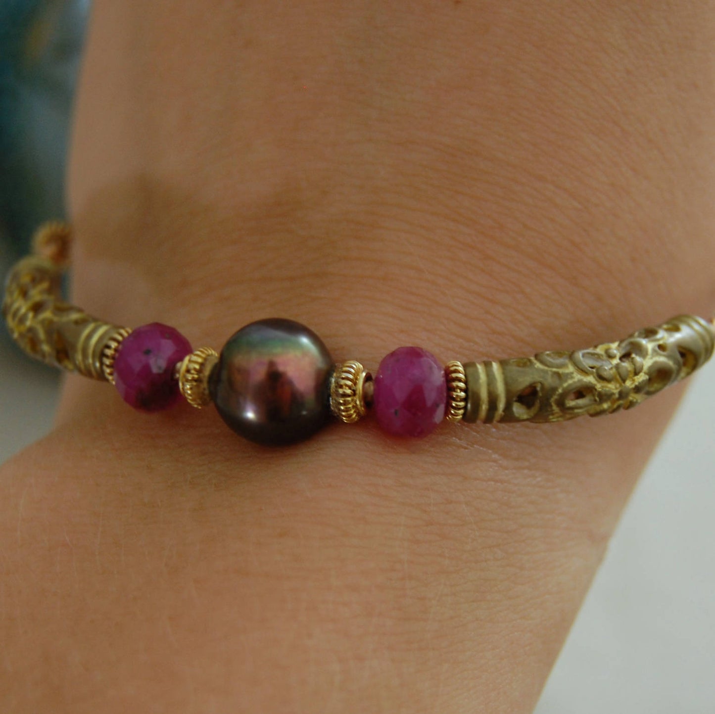 Elspeth - Vintage Pearl Sapphire Bronze Bangle, Peacock Pearls, Pink Sapphires, FREE SHIPPING US
