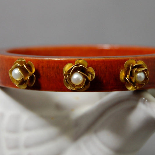 Veera - Handmade Wooden Pearl Floral Bangle, Eco-Friendly Fashion, FREE SHIP US