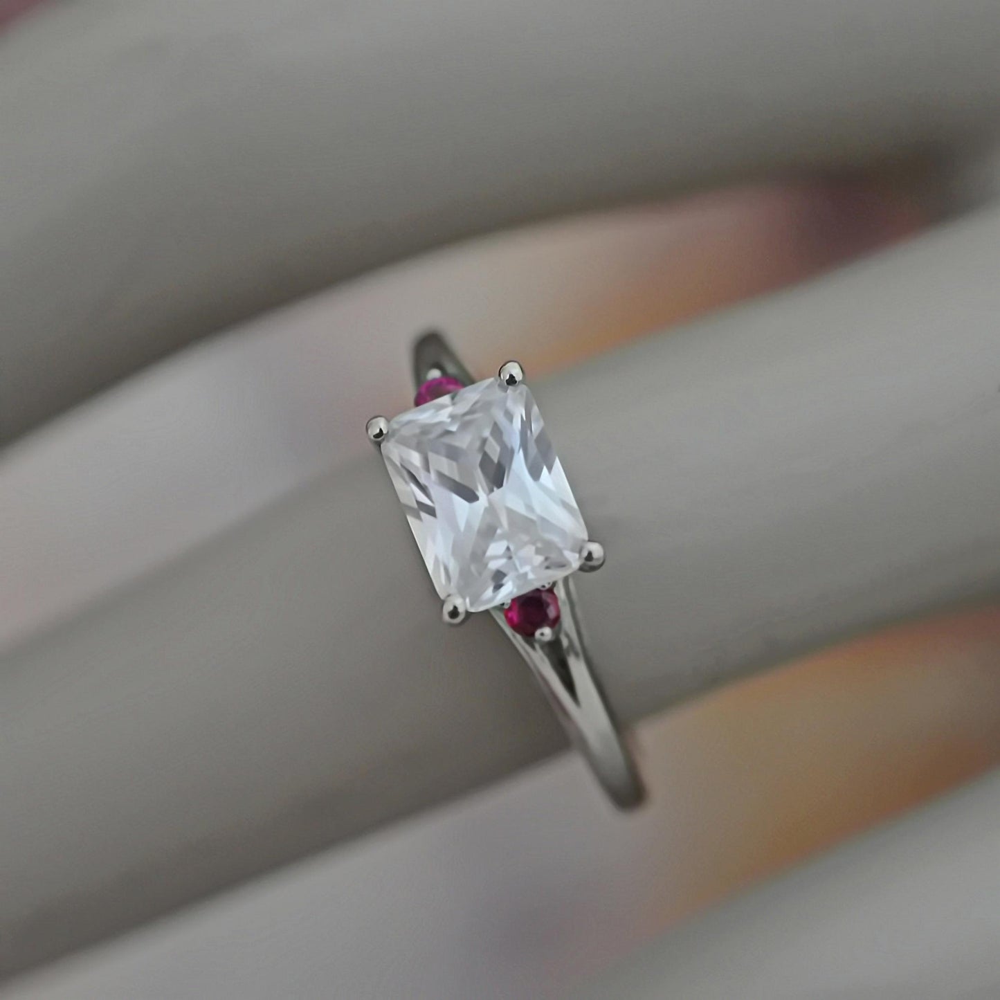 Calla - Elegant Diamond Substitute CZ, Emerald Cut Solitaire Engagement or Stacking Ring Set in Solid Sterling Silver. Free Shipping US.