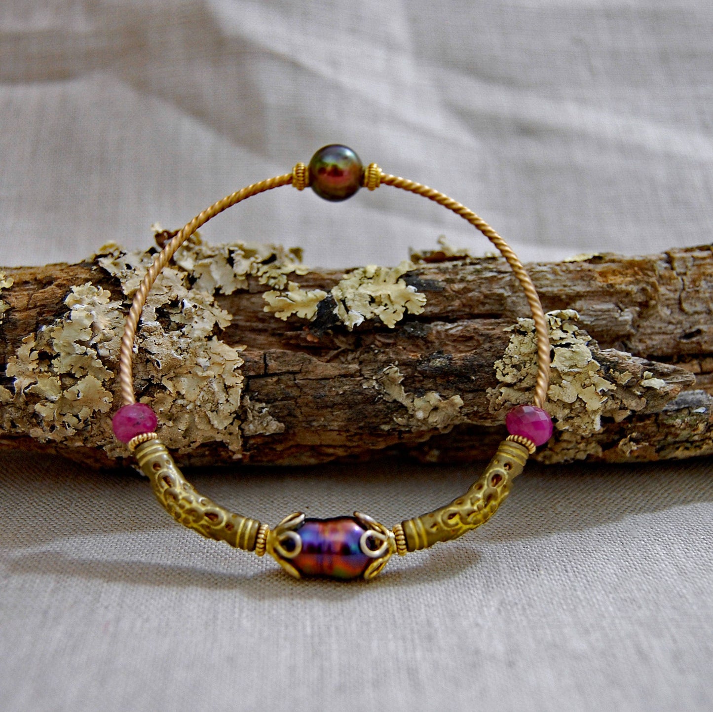 Elspeth - Vintage Pearl Sapphire Bronze Bangle, Peacock Pearls, Pink Sapphires, FREE SHIPPING US
