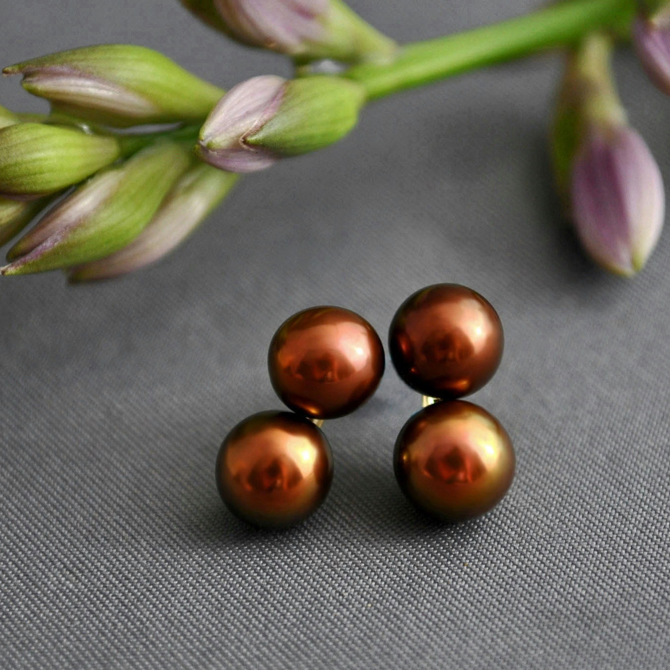 Maya - Pearl Stud Earrings Feature Double Chocolate Peacock Freshwater Pearls Set in Solid 14k Yellow Gold. FREE SHIPING US.