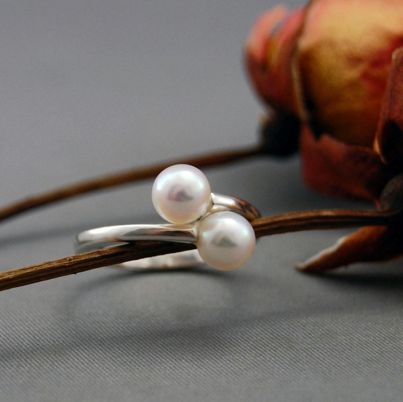 Kumiko - Pearl Ring, Double Pearl Ring Set in Easy Care Continuum® Silver, FREE SHIP US.