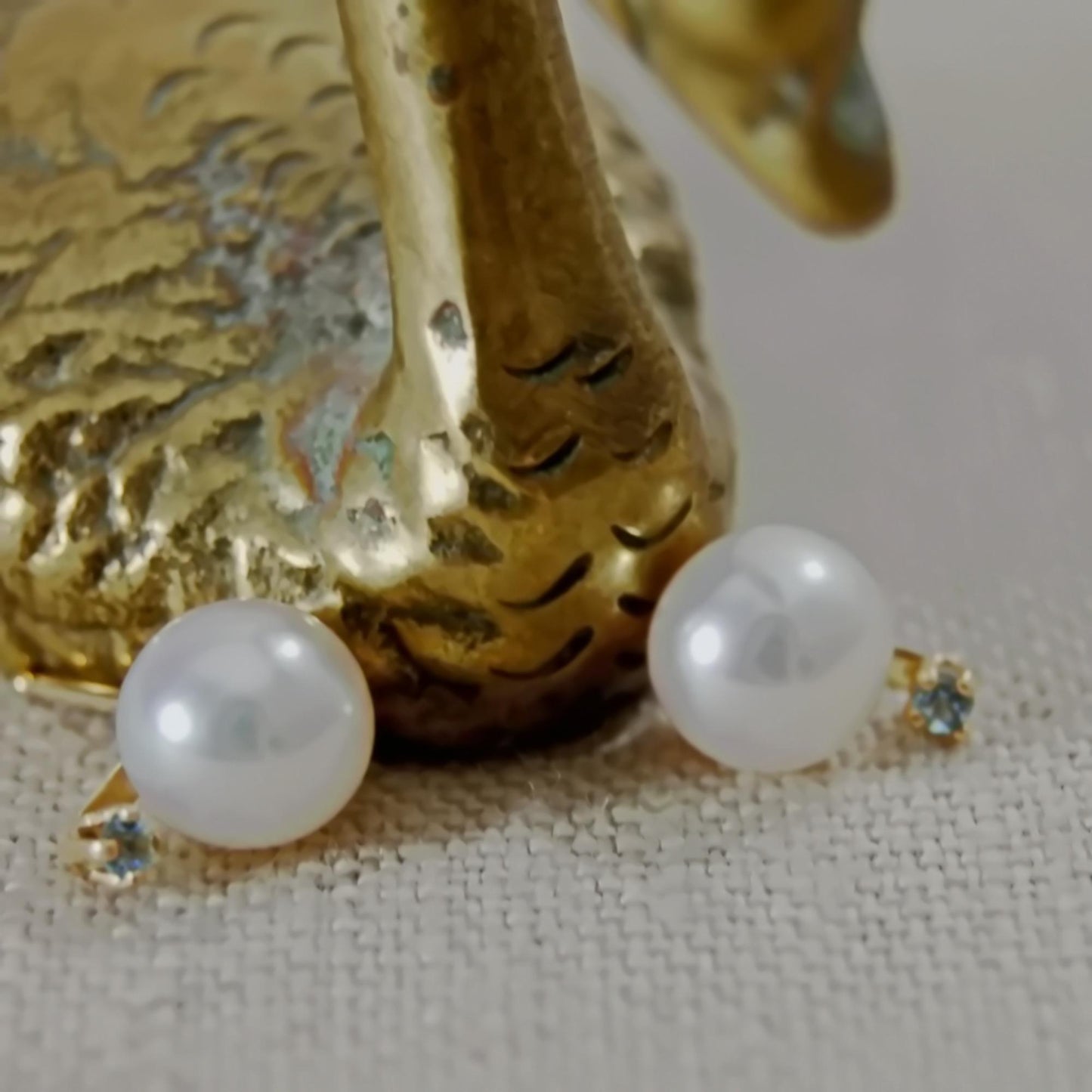 Neiva - Unique Freshwater Pearl Stud Earrings with Aquamarine Accents Set in Solid 14kt Gold, FREE SHIPPING US