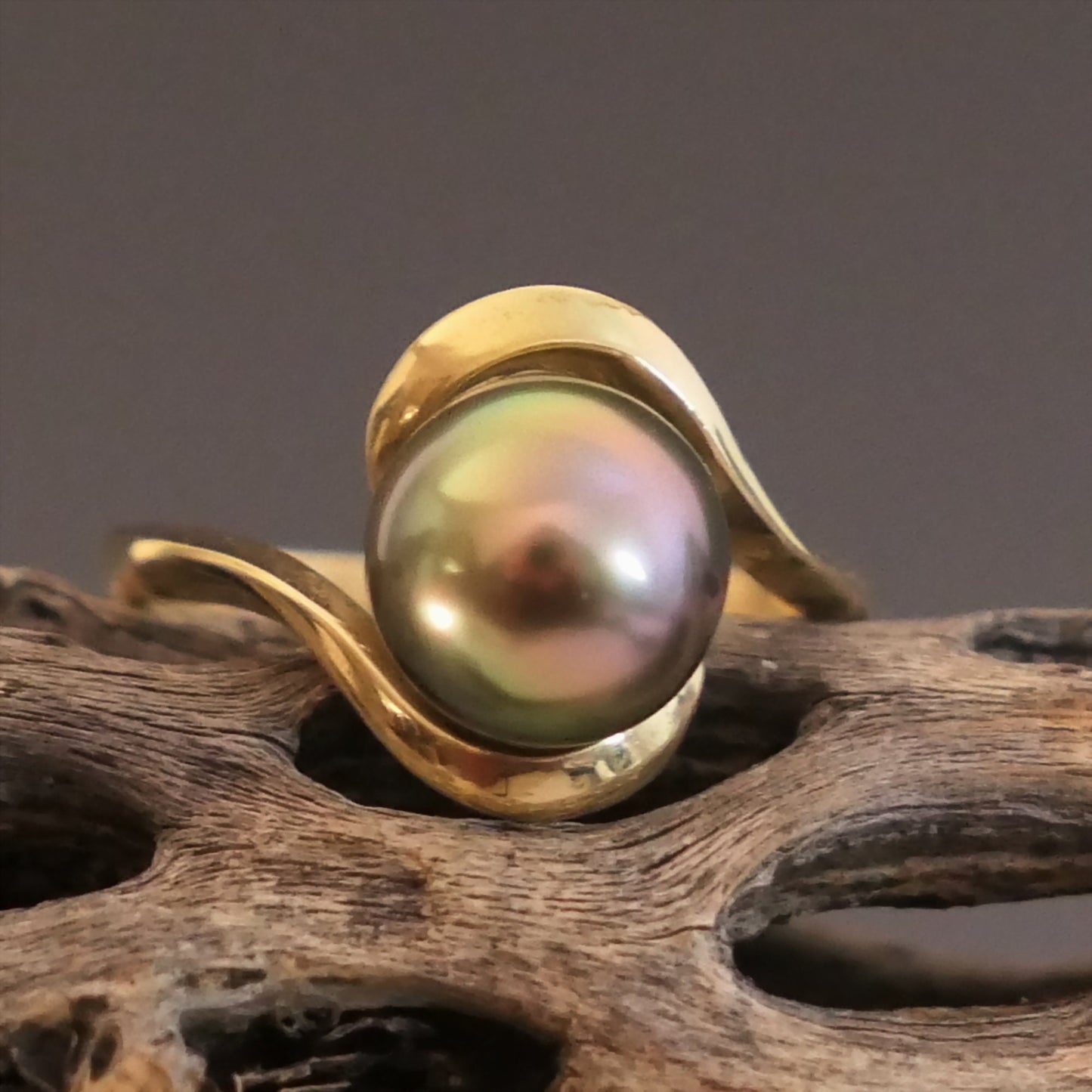 Laxmi - Luxurious Natural Colored Peacock Tahitian Pearl Solitaire Engagement Ring Set in Solid 14kt Yellow Gold. Free Shipping in US