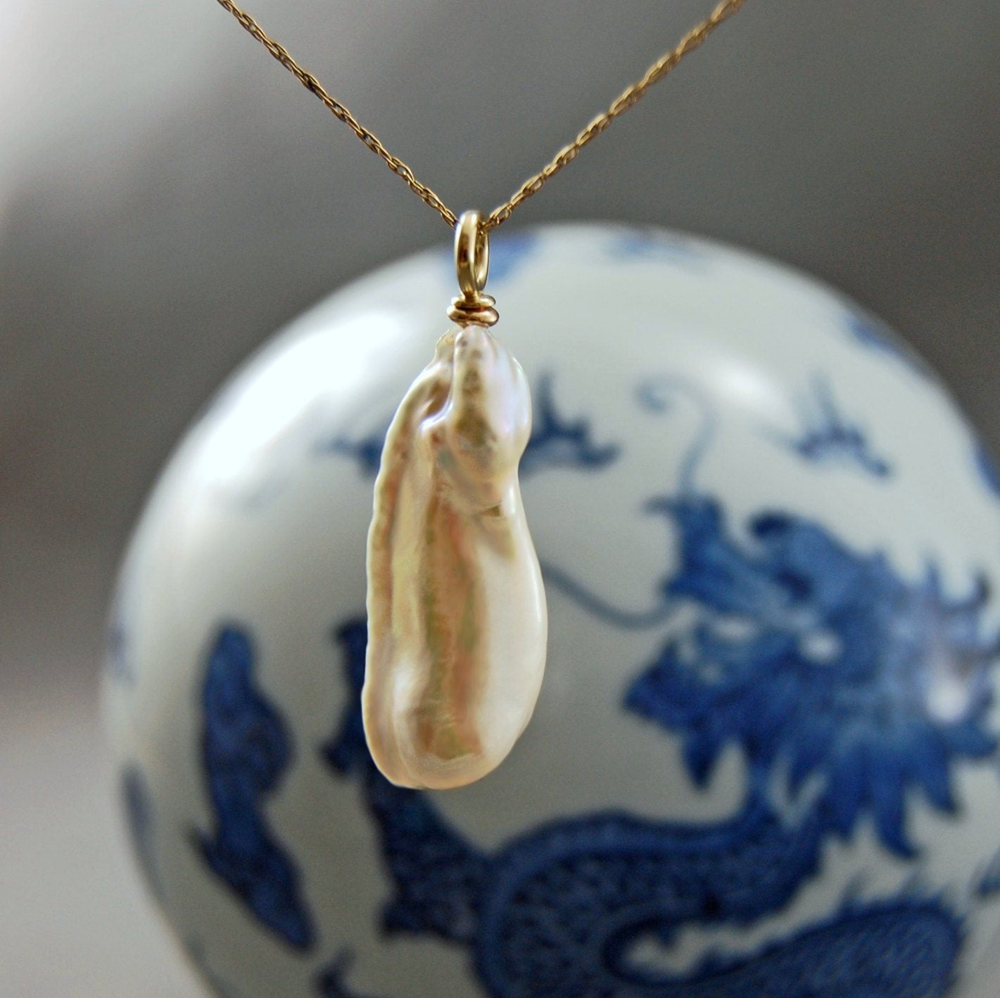 Yara - Unique Baroque Pearl Pendant, White Biwa Stick Pearl, FREE SHIP US
