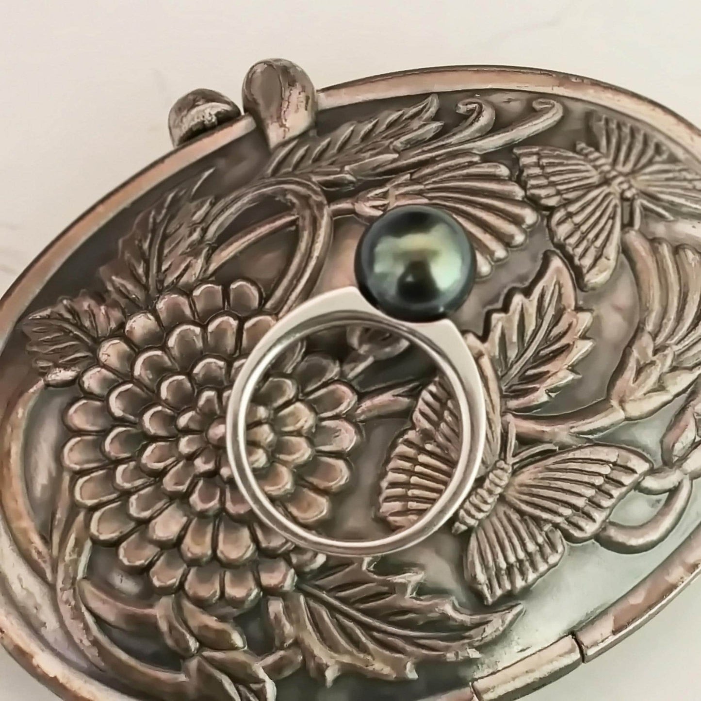 Mai - Elegant Black Tahitian Pearl Ring Set in Solid Sterling Silver with Rhodium Plating, Tarnish Free.  Free Shipping within the US.