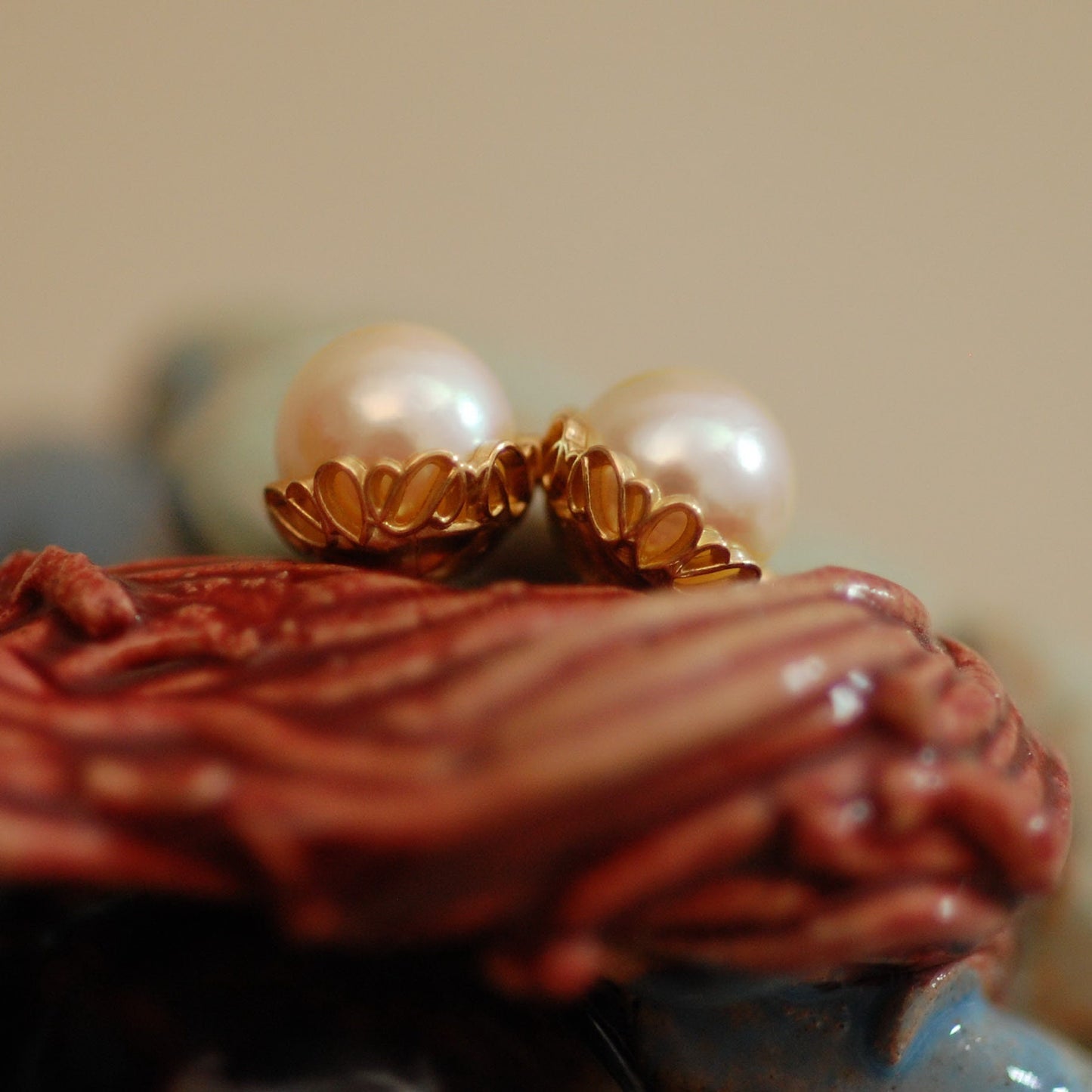 Grace - Pearl Stud Earrings, 14kt Gold Filigree, FREE SHIP US