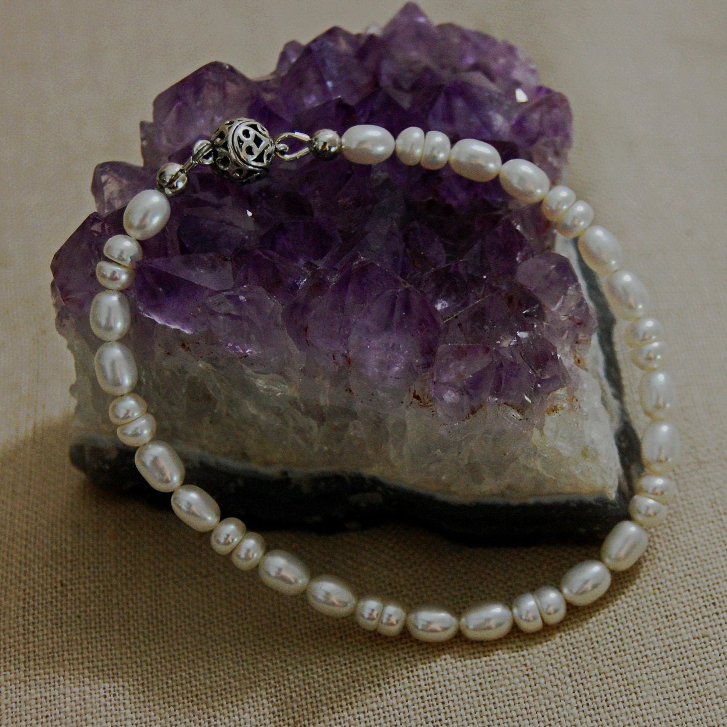 Lucy- Lovely White Freshwater Pearl Bracelet with Oxidized Sterling Silver Filigree Magnetic Clasp.