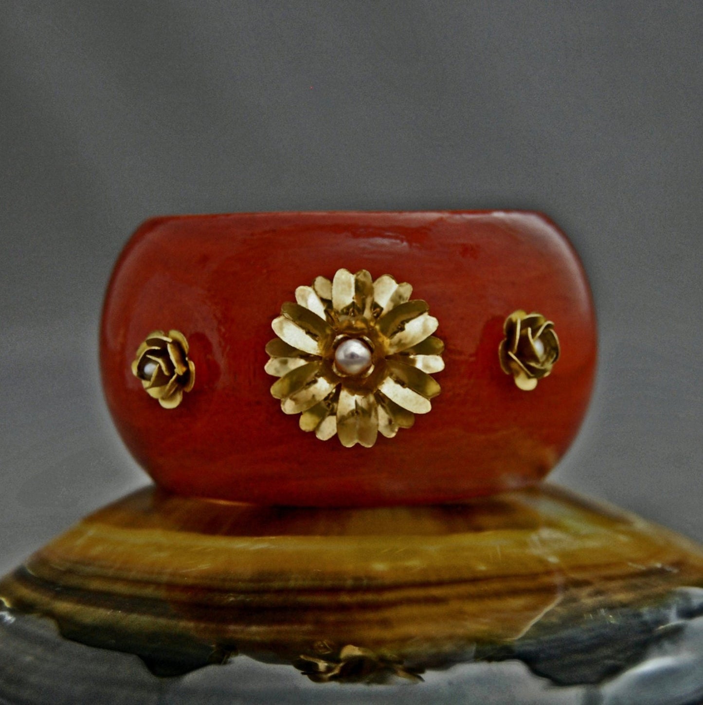 Mari - Wooden Cuff Bracelet, Floral Brass and Pearl Accents, FREE SHIPPING US