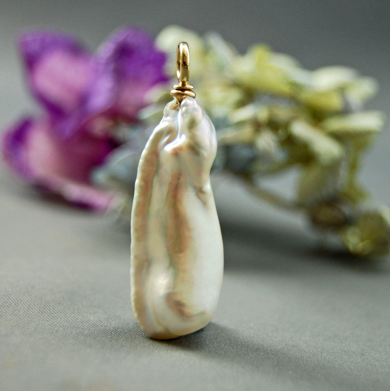 Yara - Unique Baroque Pearl Pendant, White Biwa Stick Pearl, FREE SHIP US