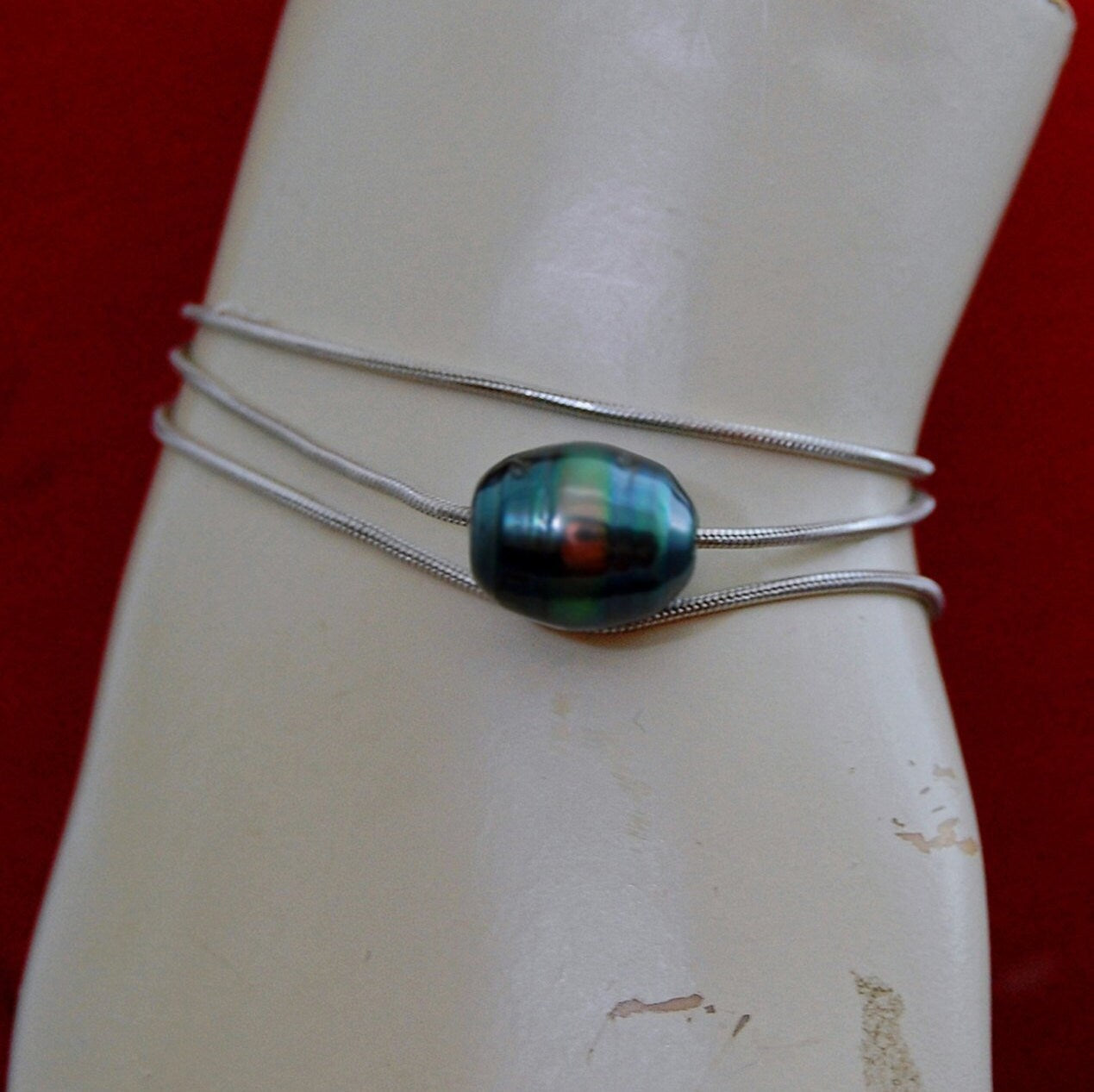 Taylor - Tahitian Pearl Necklace, Floating Pearl on an 18" Vintage Sterling Silver Snake Chain. FREE SHIPPING US.