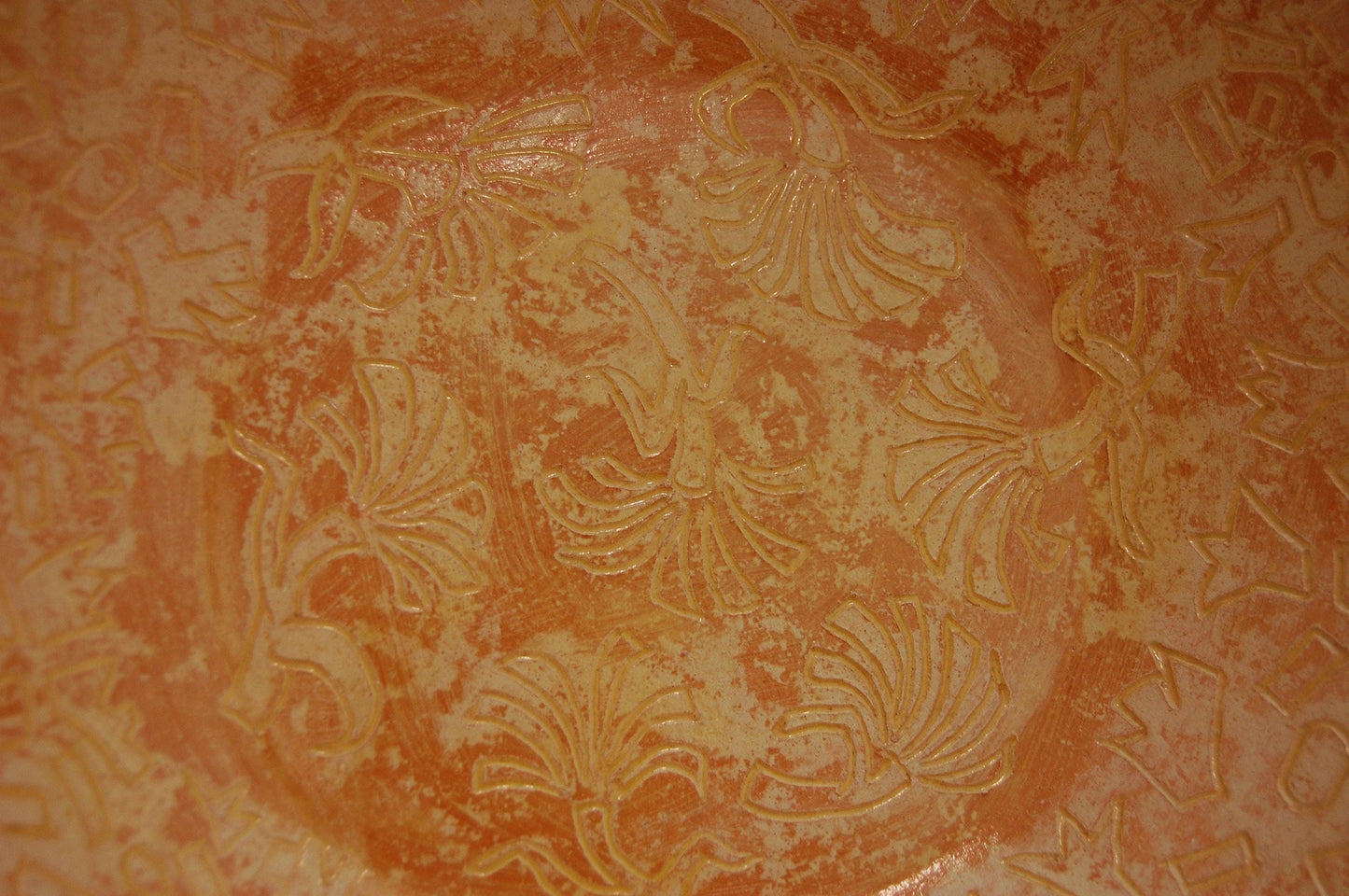 Provencal Ginkgo - Large handmade bowl with sgraffito drawings and added strap handles with a Ginkgo leaf motif. Free shipping US.