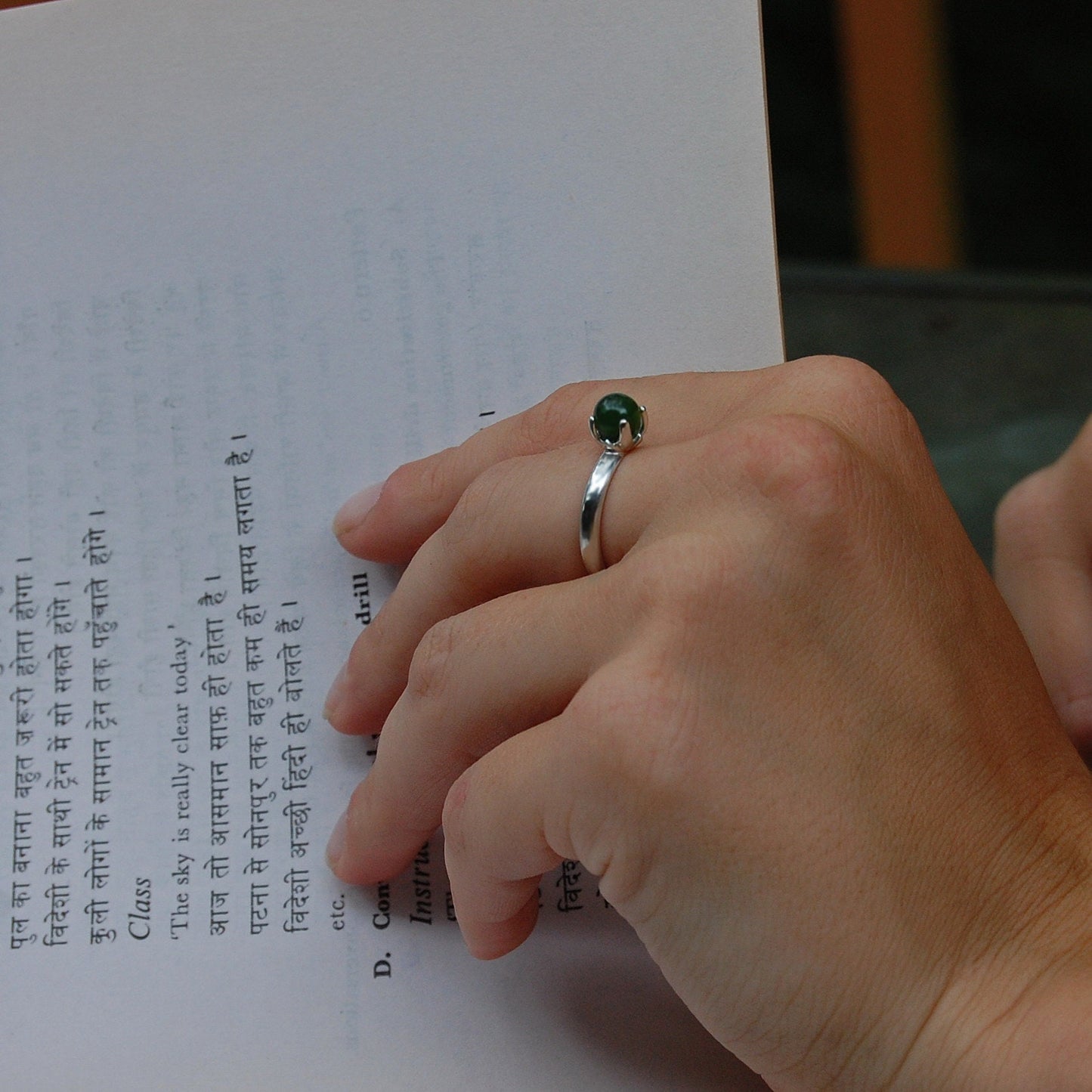 Allena - Solitaire Ring; Nephrite Jade; Dark Green Jade; Argentium® Sterling Silver