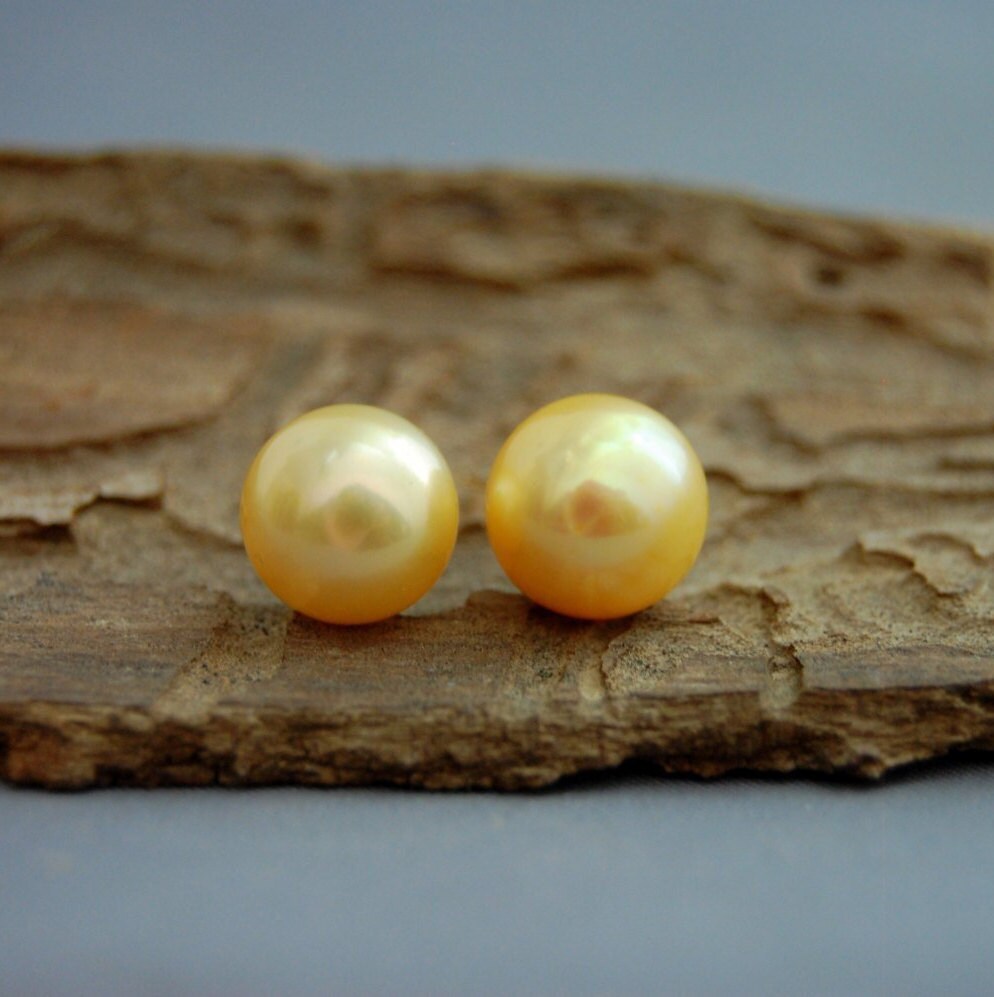 Simone - One of a Kind Golden Pearl Stud Earrings, FREE SHIP US