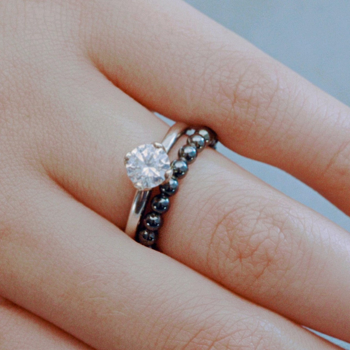 Eleena - Beaded Band, Black Rhodium, Sterling Silver Ring, FREE SHIPPING US