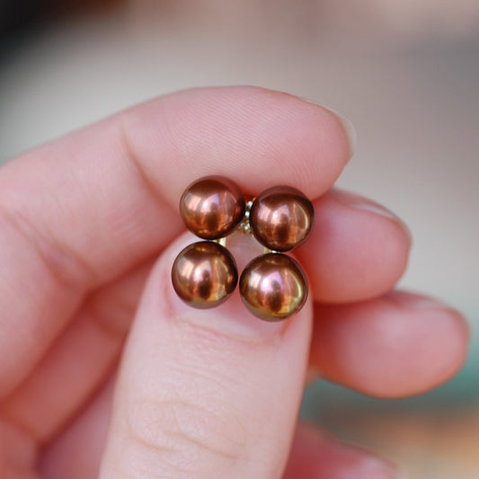 Maya - Pearl Stud Earrings Feature Double Chocolate Peacock Freshwater Pearls Set in Solid 14k Yellow Gold. FREE SHIPING US.