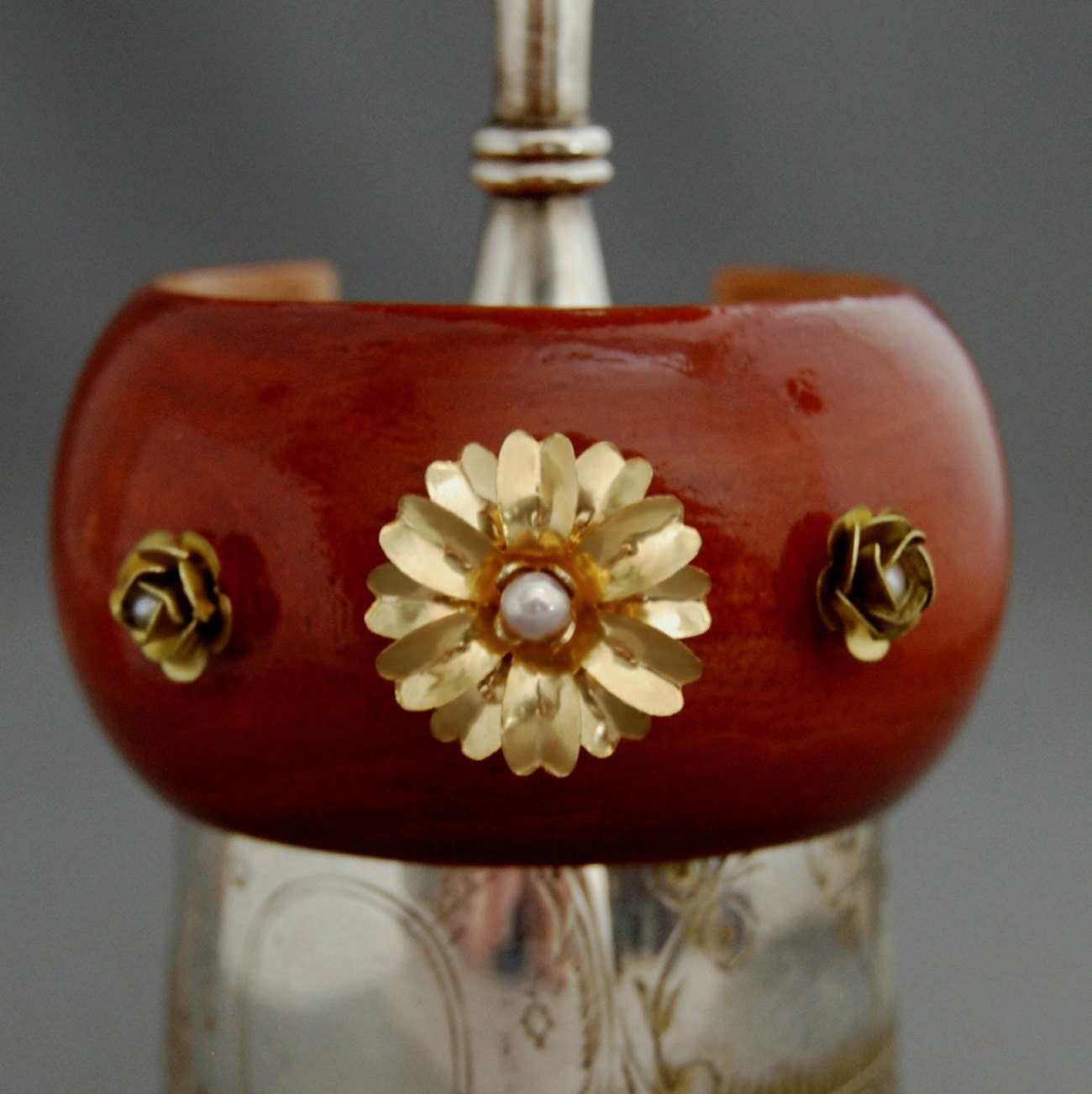 Mari - Wooden Cuff Bracelet, Floral Brass and Pearl Accents, FREE SHIPPING US
