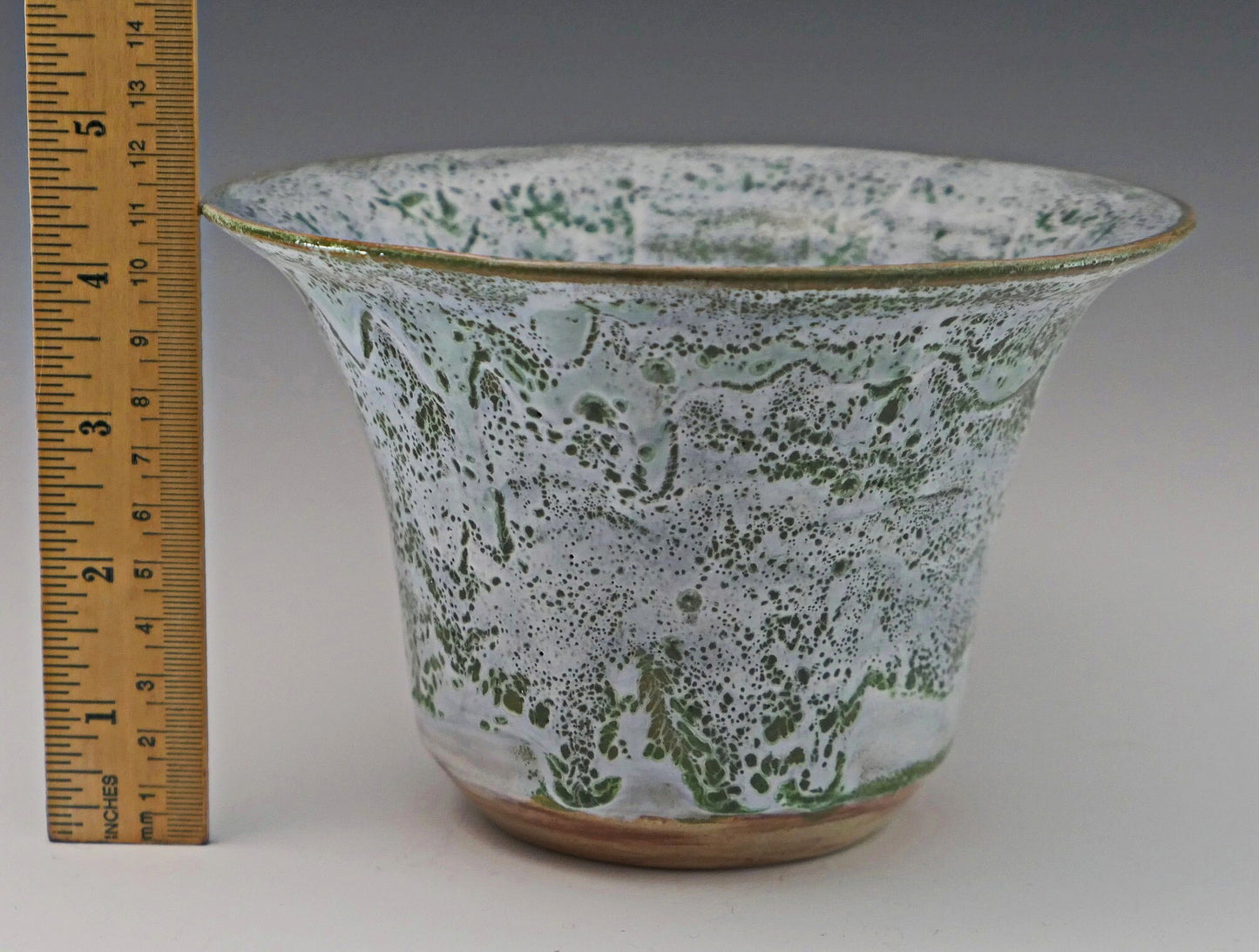 Matcha Latte - Flared Rim Ceramic Bowl, Green and white glazes over marbled red and tan clay. Unique. Free shipping within the US.