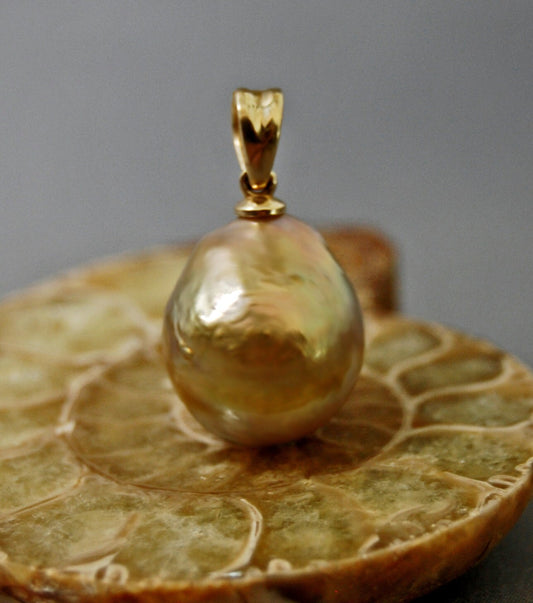 Hera - Pearl Pendant Features a Unique Freshwater Pearl Set in Solid 14kt Yellow Gold, FREE SHIPPING US