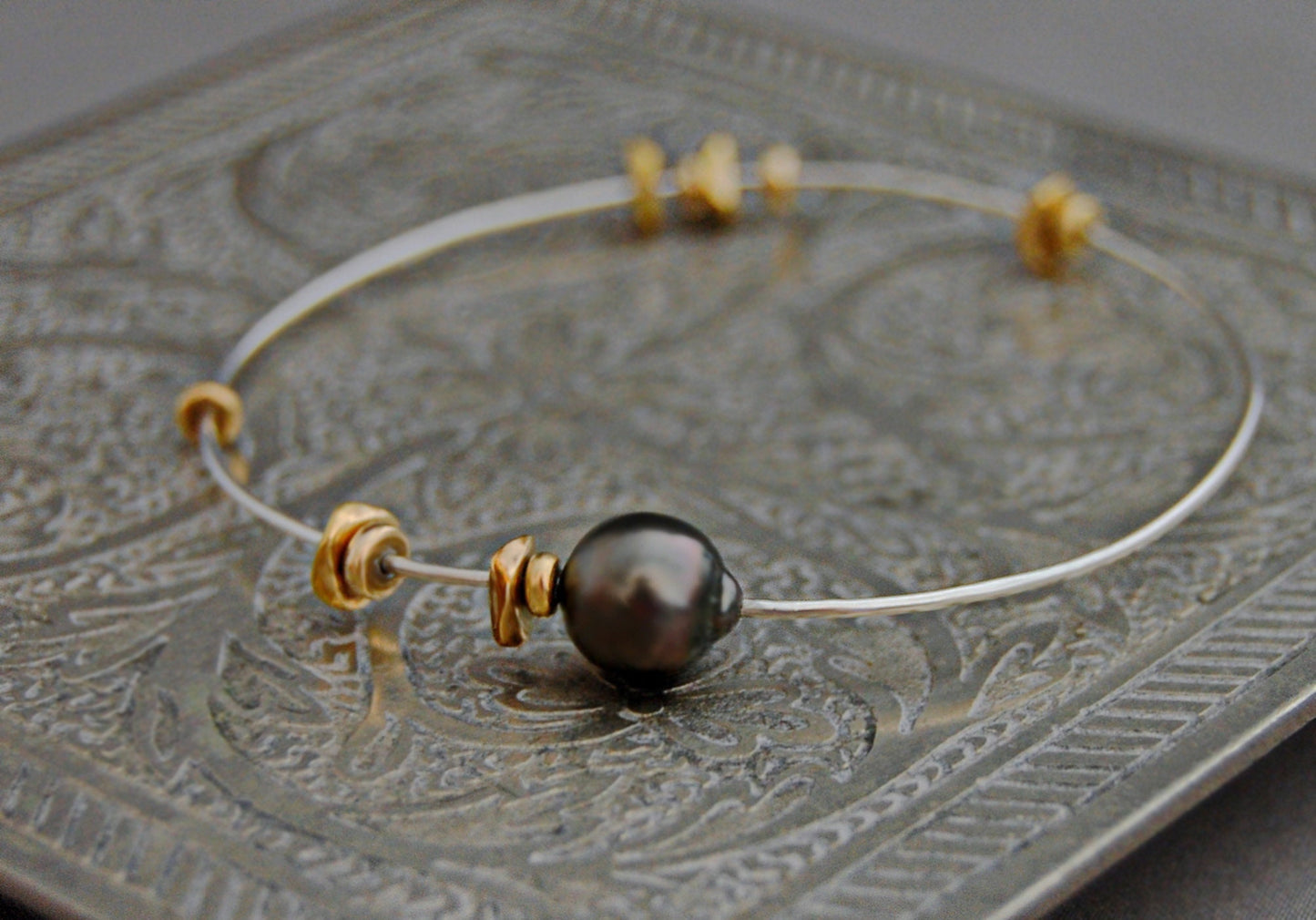 Lilith - Sterling Silver & Tahitian Pearl Bangle Bracelet with African Brass Beads. Free Shipping US.
