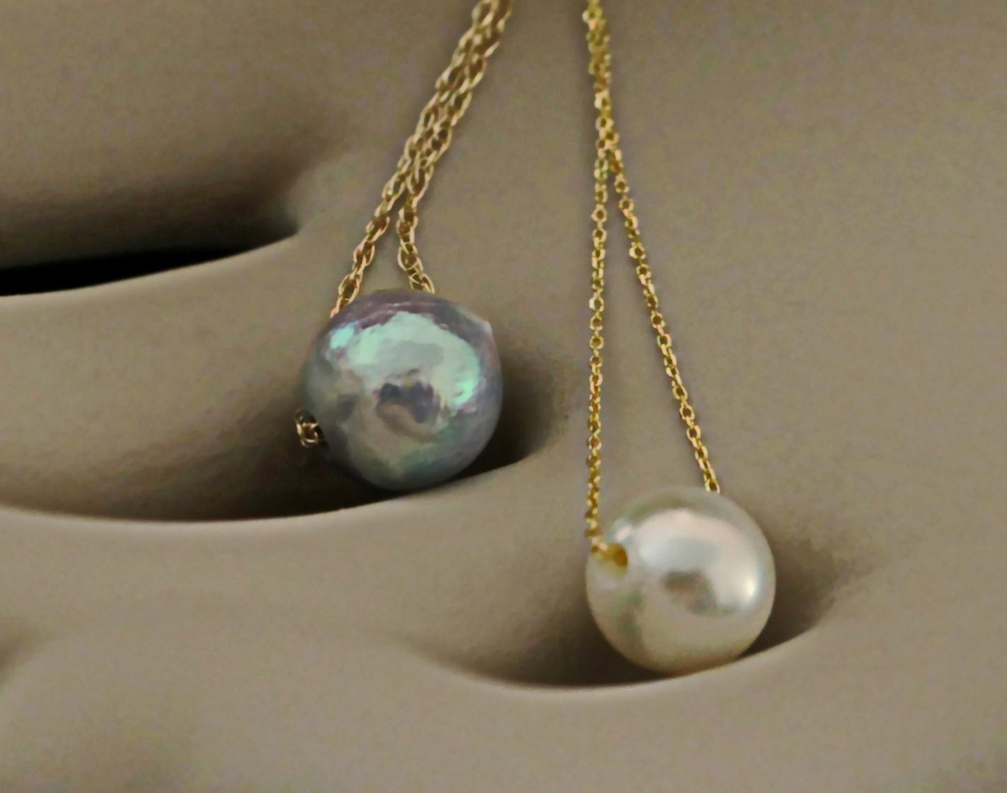 Noelani - Floating Akoya Pearl Pendant Necklace in White or Blue/Gray Set on Solid 14kt Gold Chain. Free Shipping US.