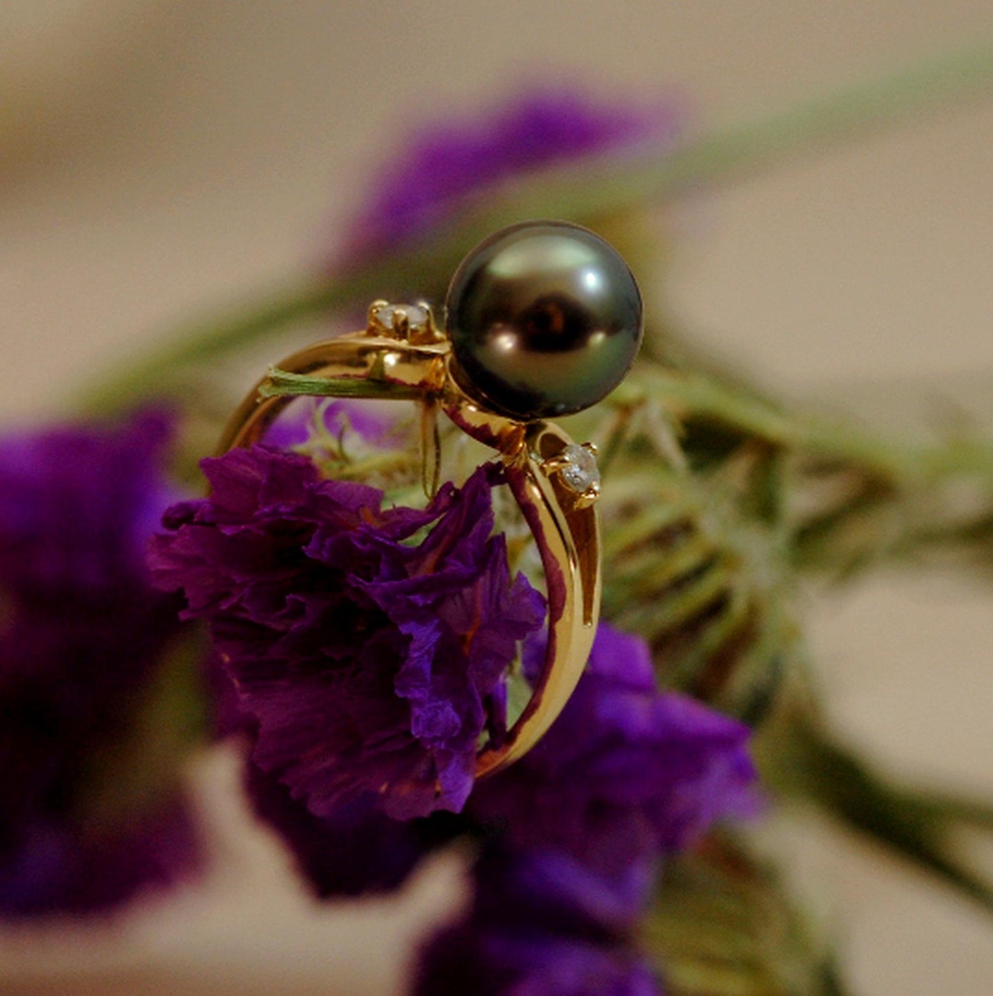 Arden - Engagement Ring, Tahitian Pearl with Diamond Accents, 14kt gold, FREE SHIPPING US