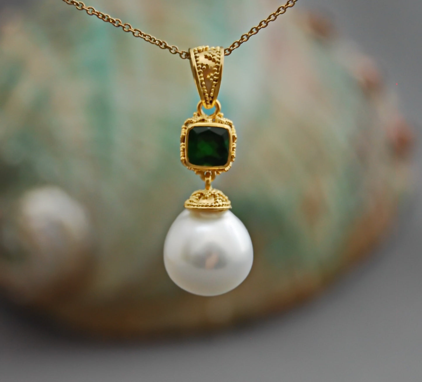 Cariana - South Sea Statement Pearl Pendant with Chrome Diopside Gemstone Accent. FREE SHIP USA