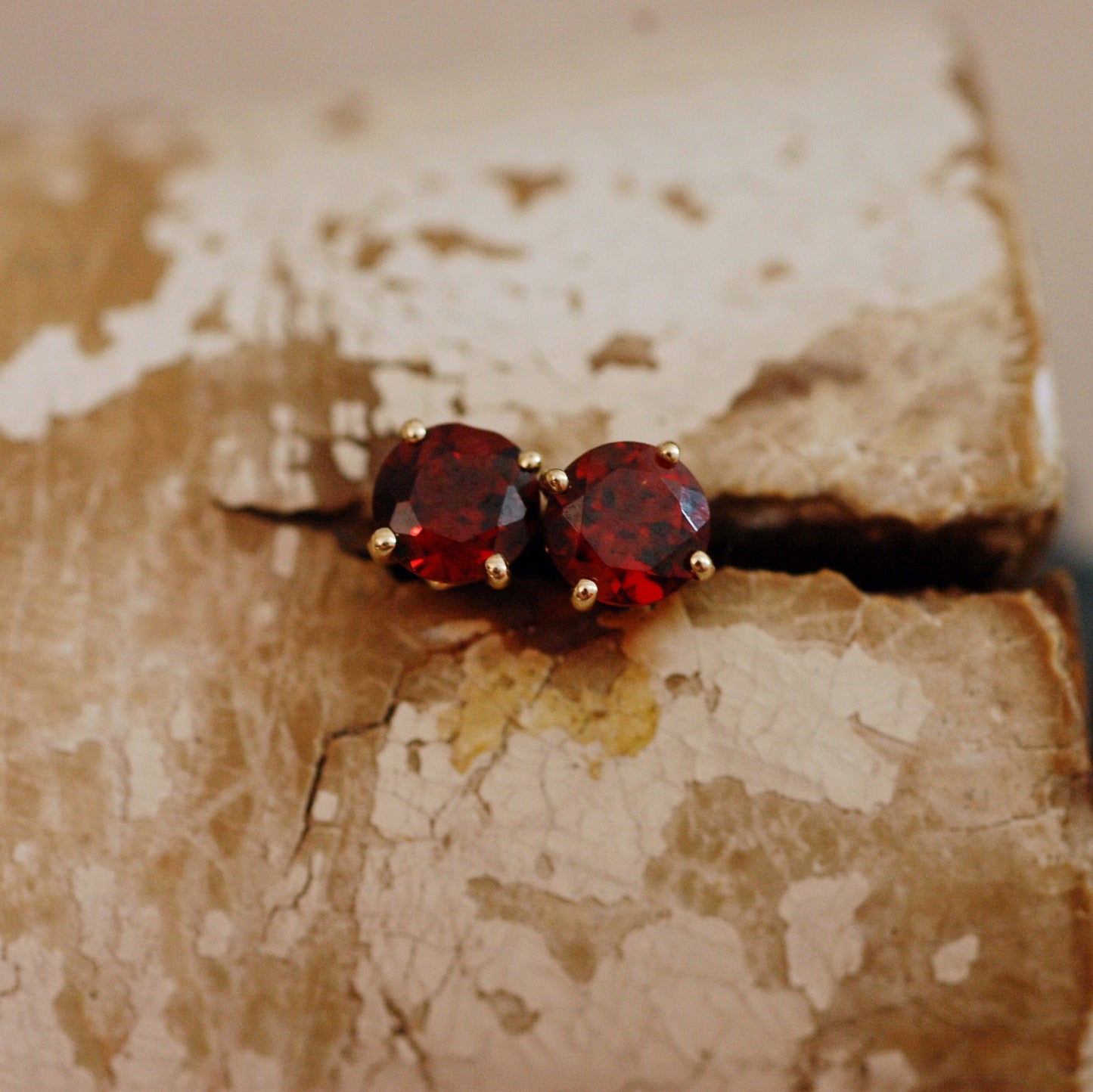 Nakhti - Garnet Stud Earrings Feature Richly Colored Garnet Gemstones Set in Solid 14kt Yellow Gold, FREE SHIP US