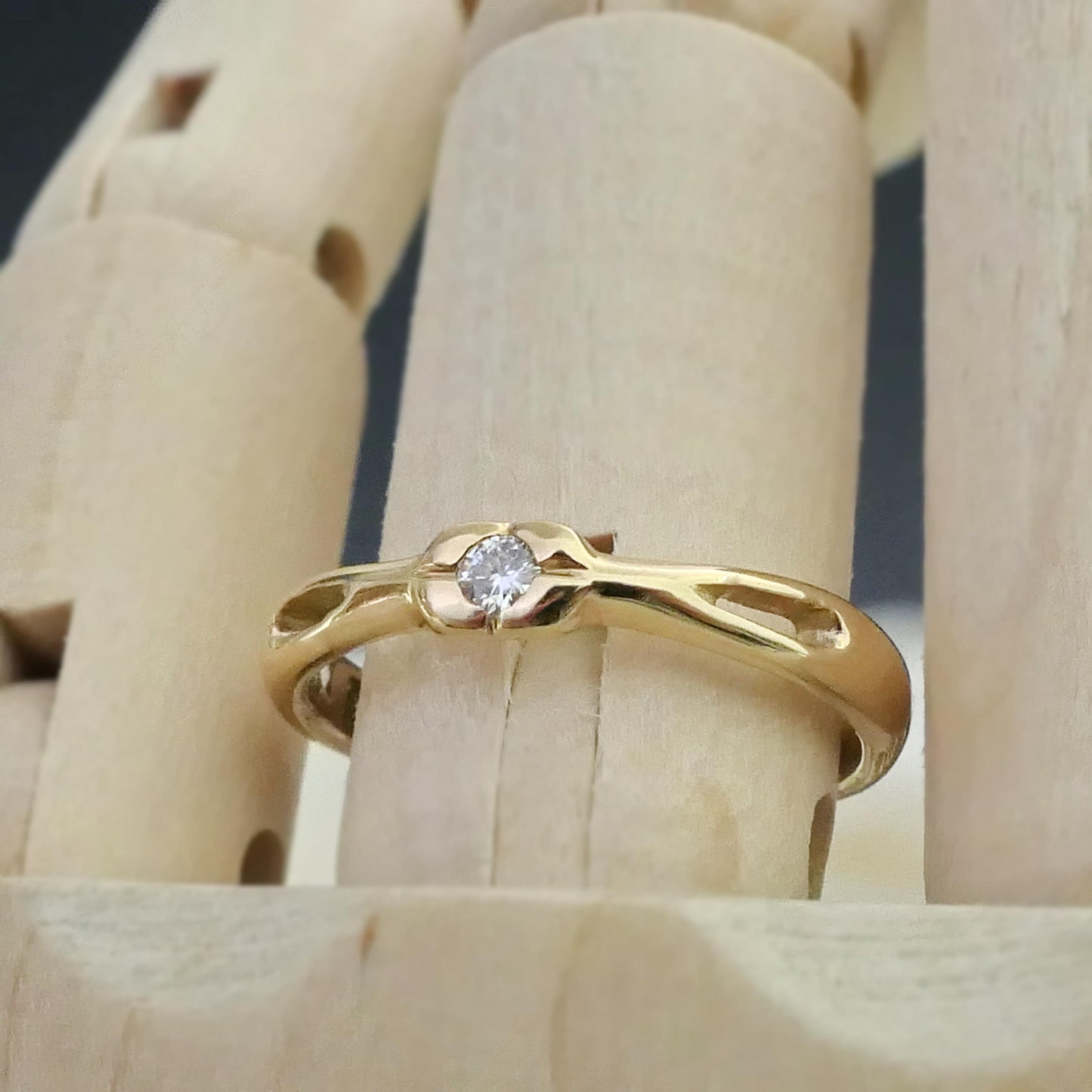 Aina - Moissanite engagement, stacking ring set in solid 14kt yellow gold. FREE SHIPPING within the US.