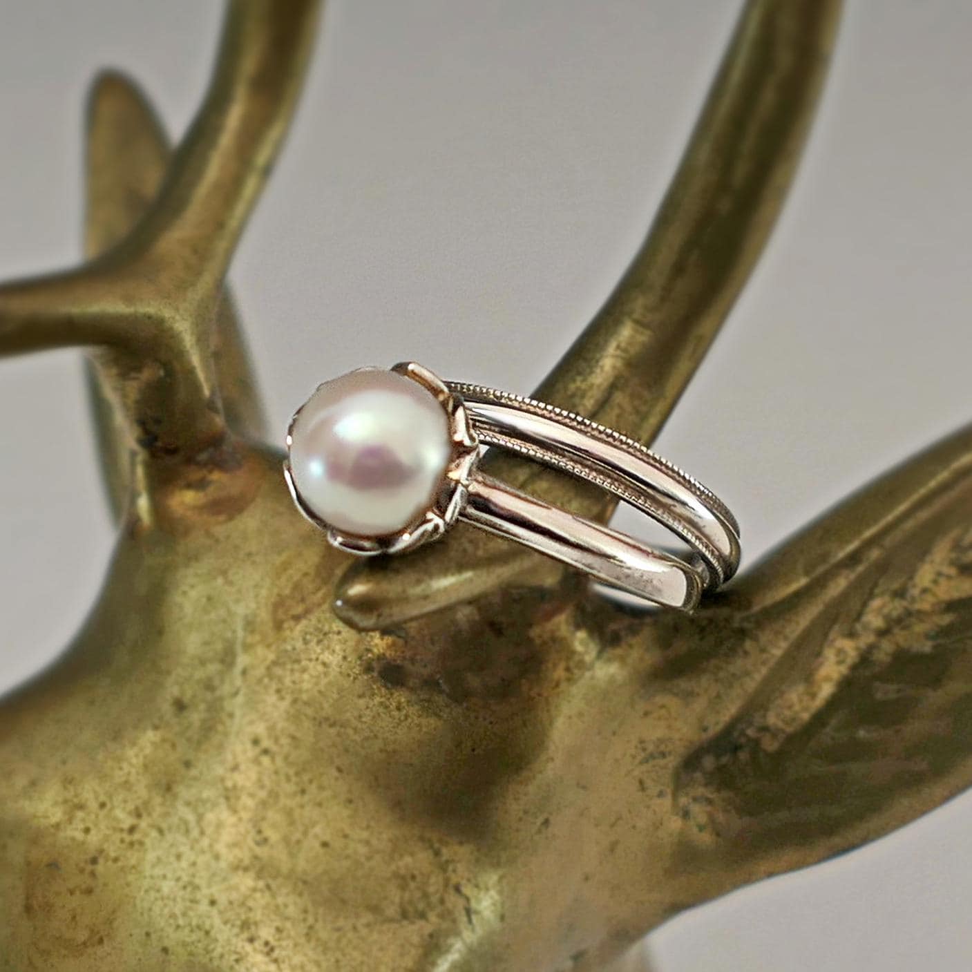 Emma - Pearl Wedding Ring Set in Solid Continuum® Sterling Silver. Free Shipping US.