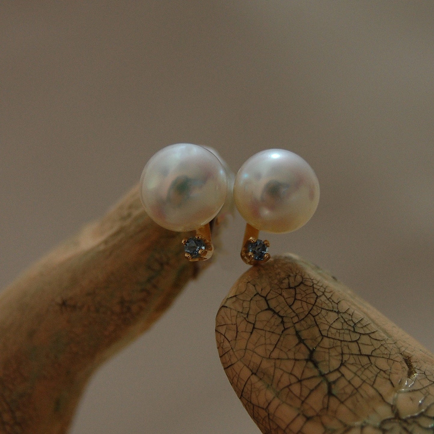 Neiva - Unique Freshwater Pearl Stud Earrings with Aquamarine Accents Set in Solid 14kt Gold, FREE SHIPPING US