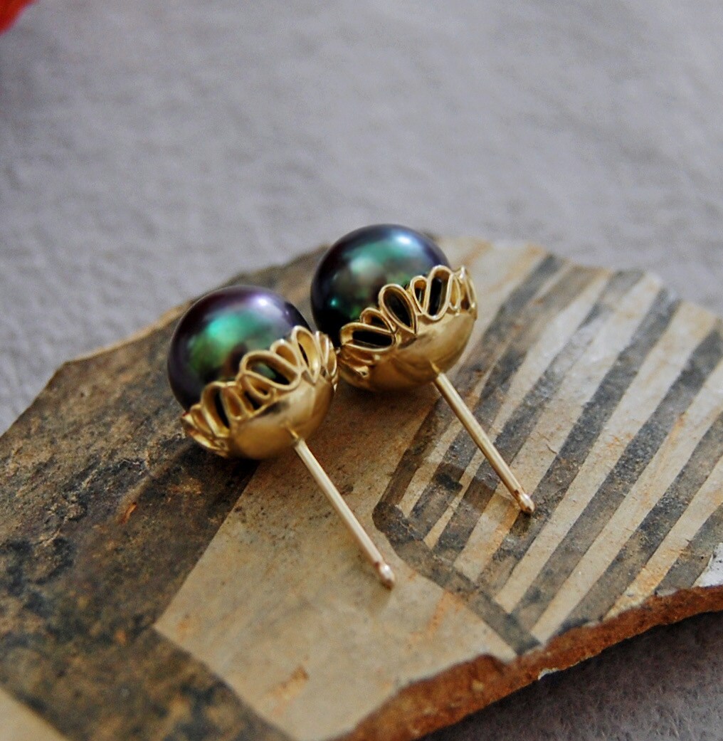 Victoria - Black Peacock Pearl Stud Earrings Set in Solid 14k Gold, FREE SHIPPING US