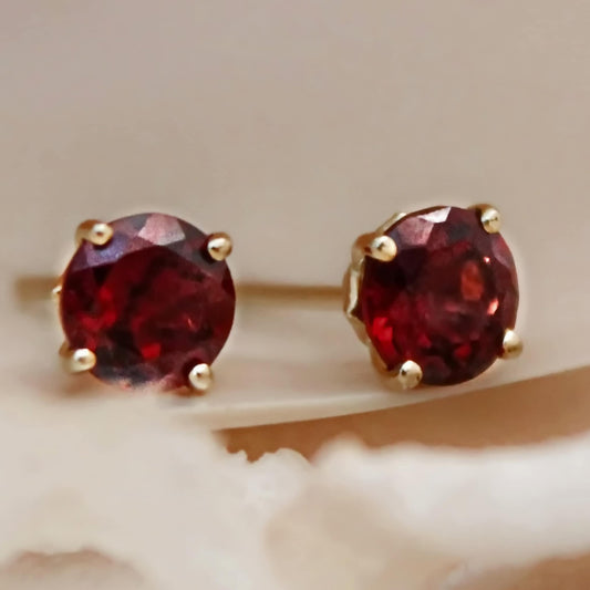 Nakhti - Garnet Stud Earrings Feature Richly Colored Garnet Gemstones Set in Solid 14kt Yellow Gold, FREE SHIP US