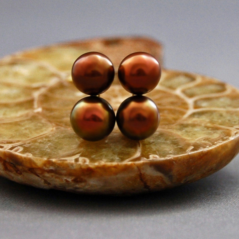 Maya - Pearl Stud Earrings Feature Double Chocolate Peacock Freshwater Pearls Set in Solid 14k Yellow Gold. FREE SHIPING US.