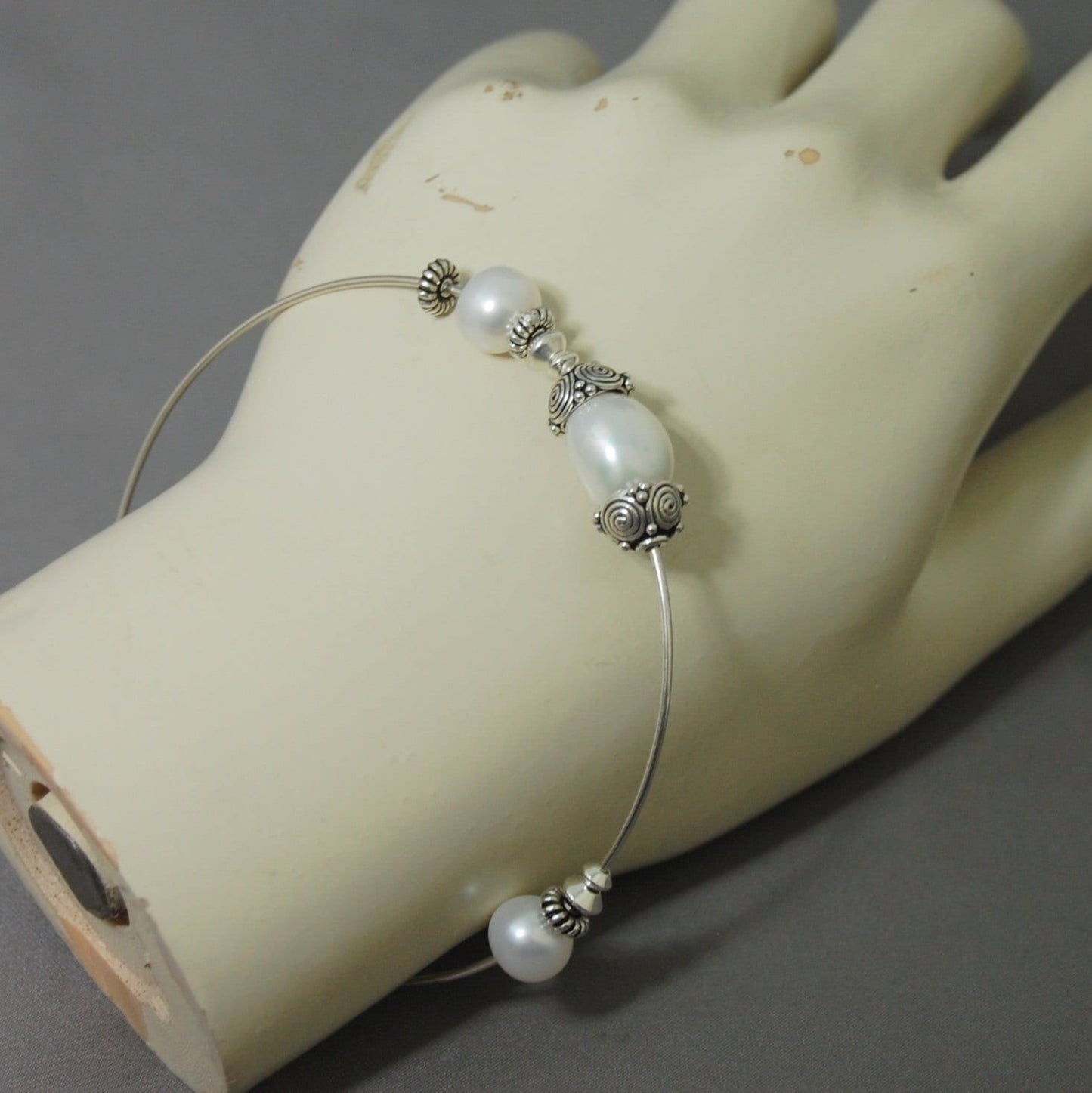 Maria - White Freshwater Pearl Wedding Bangle, Argentium® Silver, FREE SHIP US