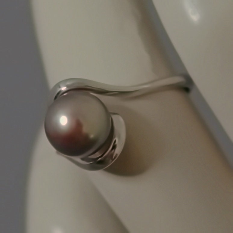 Lakshmi - Freshwater Pearl Engagement or Stacking Ring Set in Solid Sterling Silver. Rare Natural Pewter Gray Color. FREE SHIPPING US