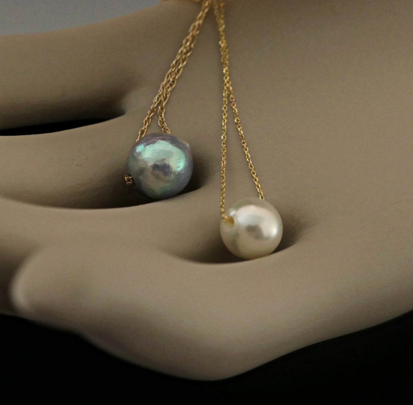 Noelani - Floating Akoya Pearl Pendant Necklace in White or Blue/Gray Set on Solid 14kt Gold Chain. Free Shipping US.