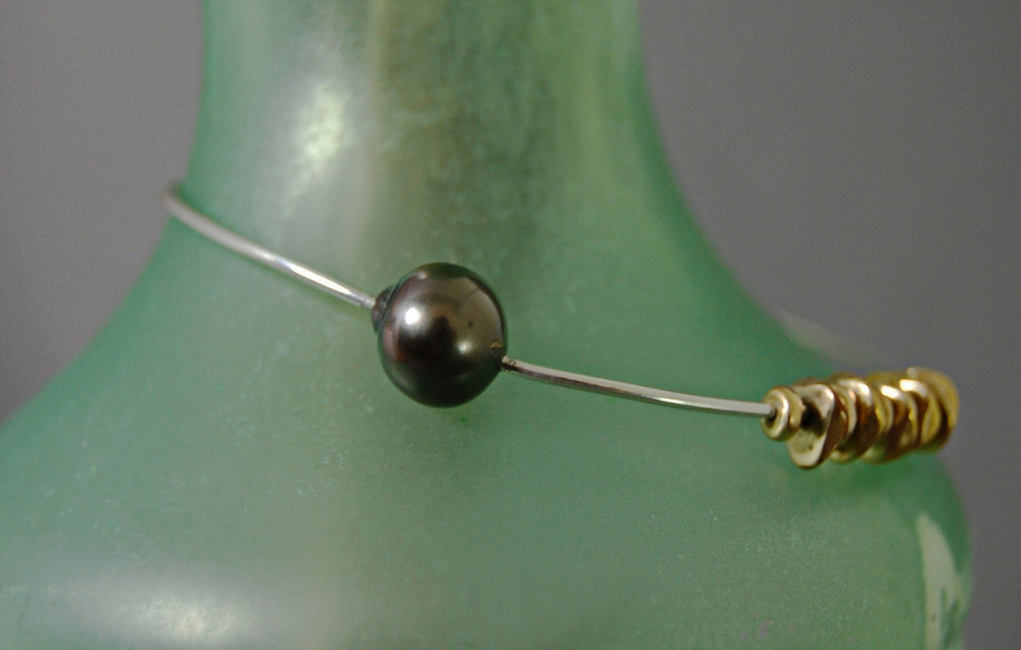 Lilith - Sterling Silver & Tahitian Pearl Bangle Bracelet with African Brass Beads. Free Shipping US.