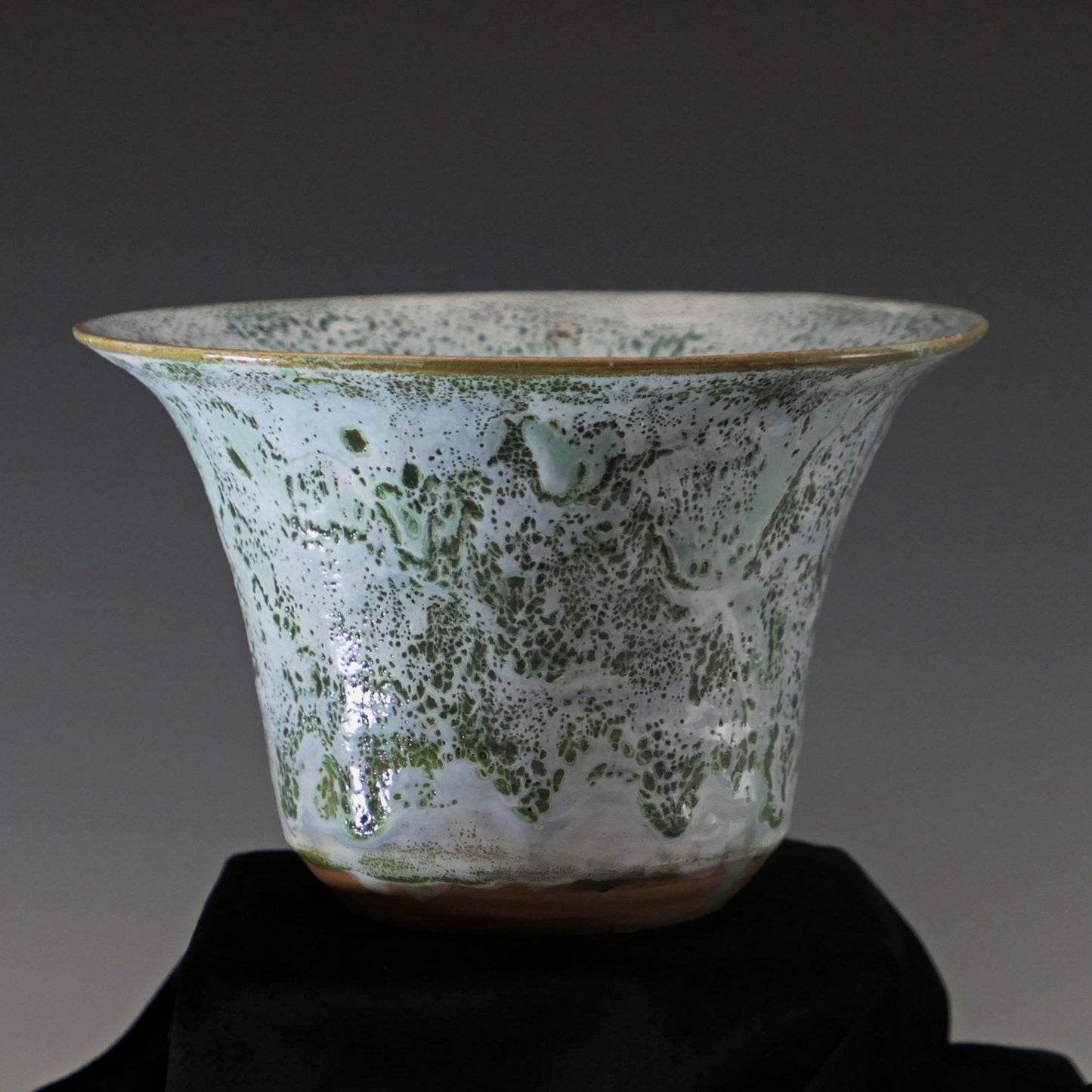 Matcha Latte - Flared Rim Ceramic Bowl, Green and white glazes over marbled red and tan clay. Unique. Free shipping within the US.